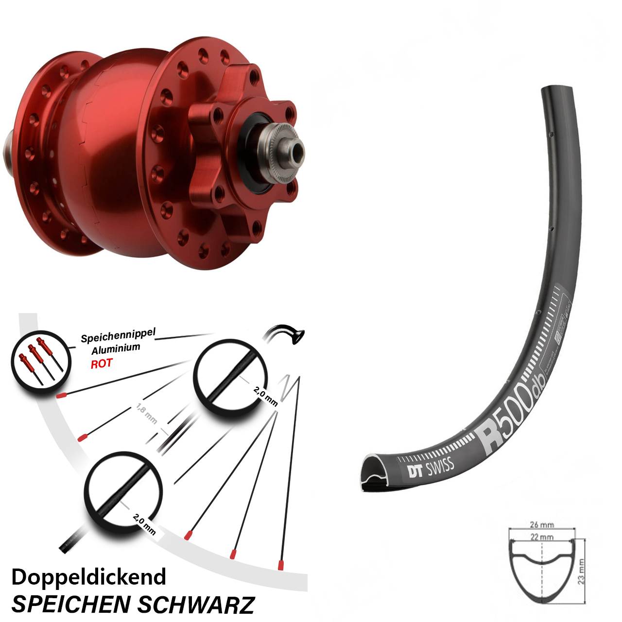 Vorderrad Nabendynamo SON 28 Zoll rot eloxiert 5x100 mm DT Swiss R 500 6-Loch