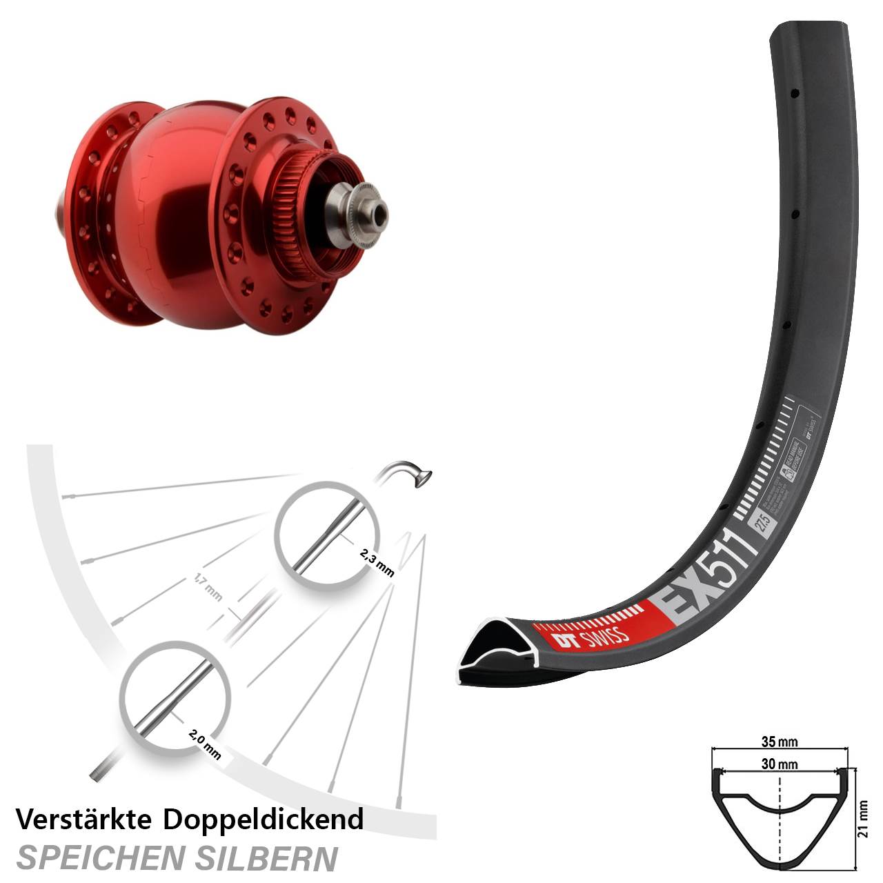 Disc Nabendynamo-Laufrad 29 Zoll DT Swiss EX511 SON 28 rot QR