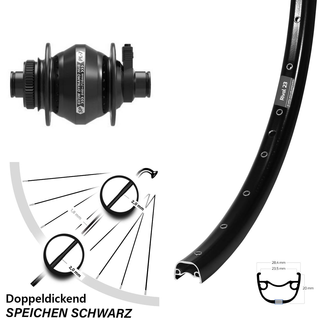Nabendynamo-Vorderrad Centerlock 27,5 Zoll Ryde Rival 23 Shutter PL-7 12x100