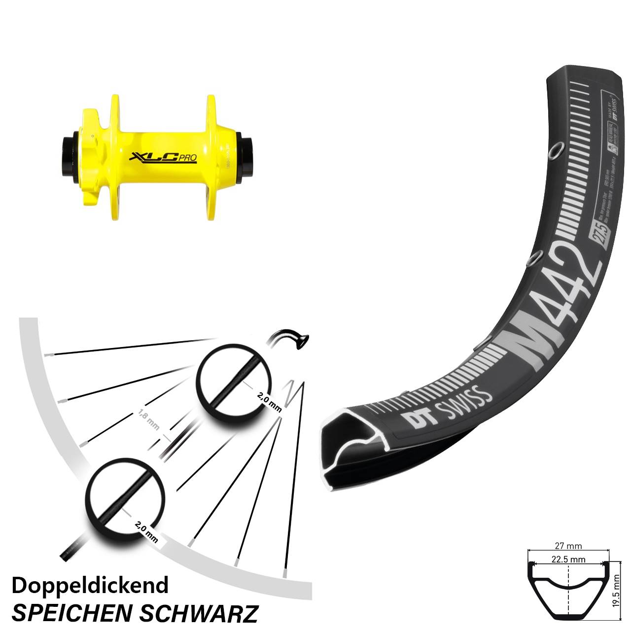 29 Zoll Vorderrad XLC Pro gelb 15x100 mm steckachse DT Swiss M 442 6-Loch