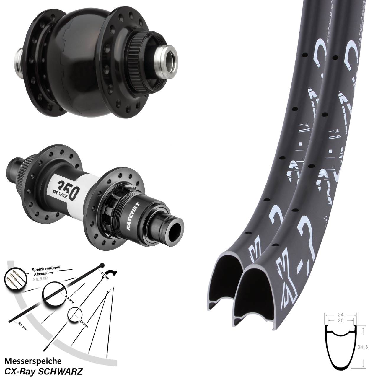 KX-R Road DT Swiss 350 Ratchet 36 SON 28 Zoll Disc Laufrad-Satz 12x100/142 SRAM XDR CX-Ray