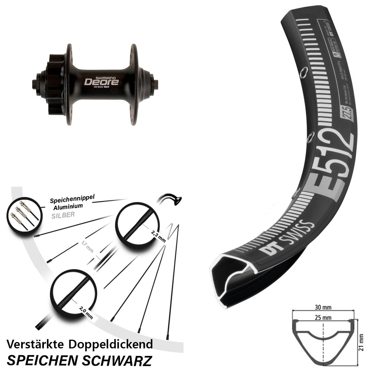 Vorderrad 6-Loch für Schnellspanner 650B DT Swiss E 512 Shimano Deore