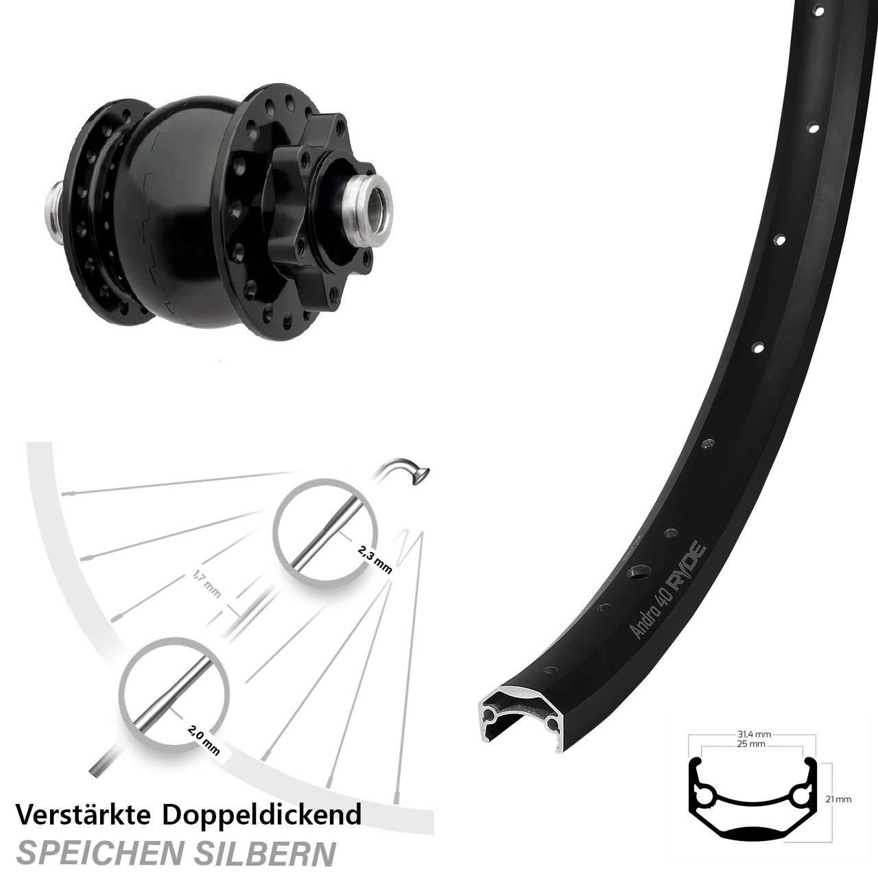 Disc Laufrad mit Nabendynamo 20 Zoll Ryde Andra 40 SON 28 12x100