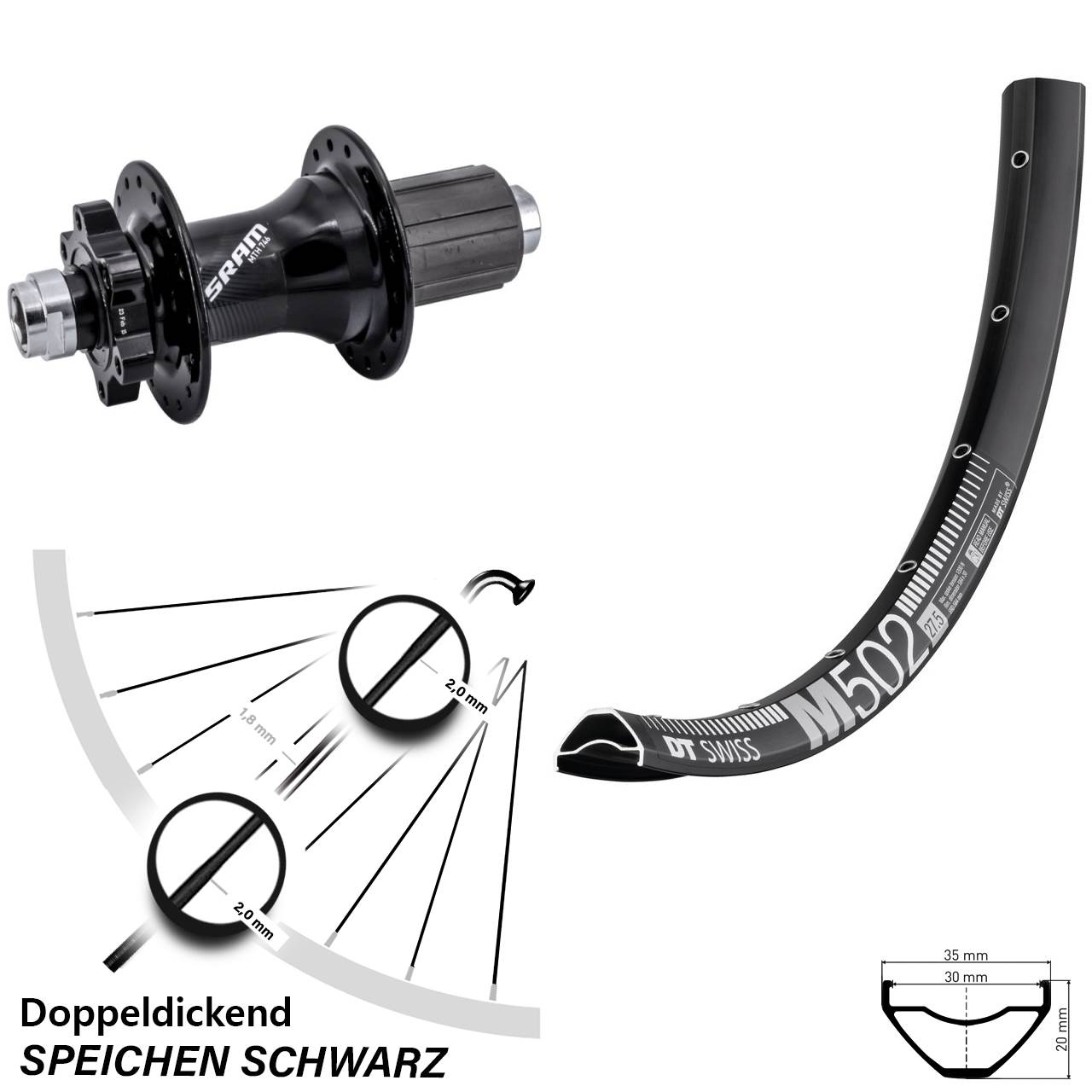 Disc Hinterrad 12x148 27,5 Zoll DT Swiss M 502 Sram 746 8-11 fach HG
