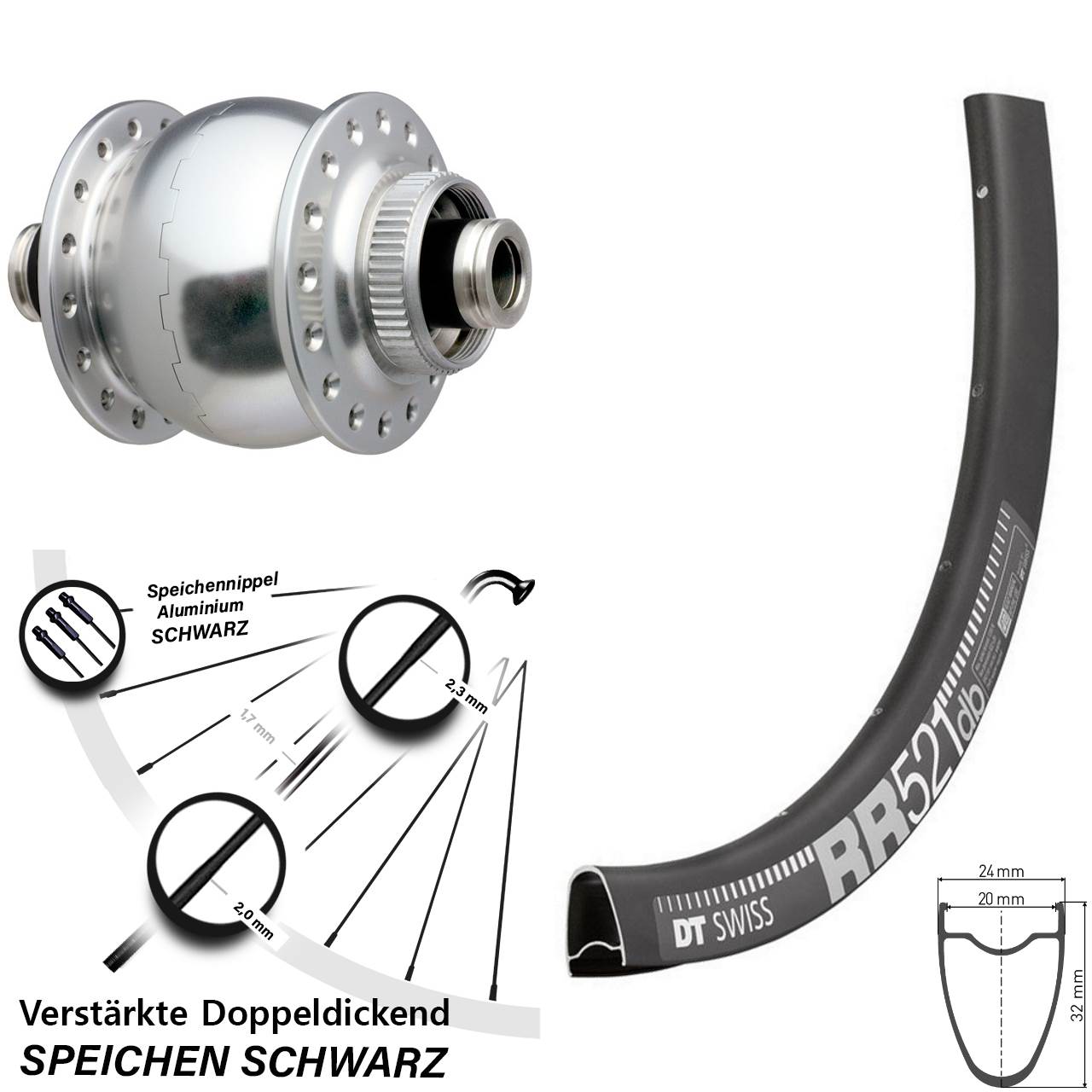 SON delux DT Swiss RR521 28 Zoll Disc Vorderrad mit Nabendynamo 12x100