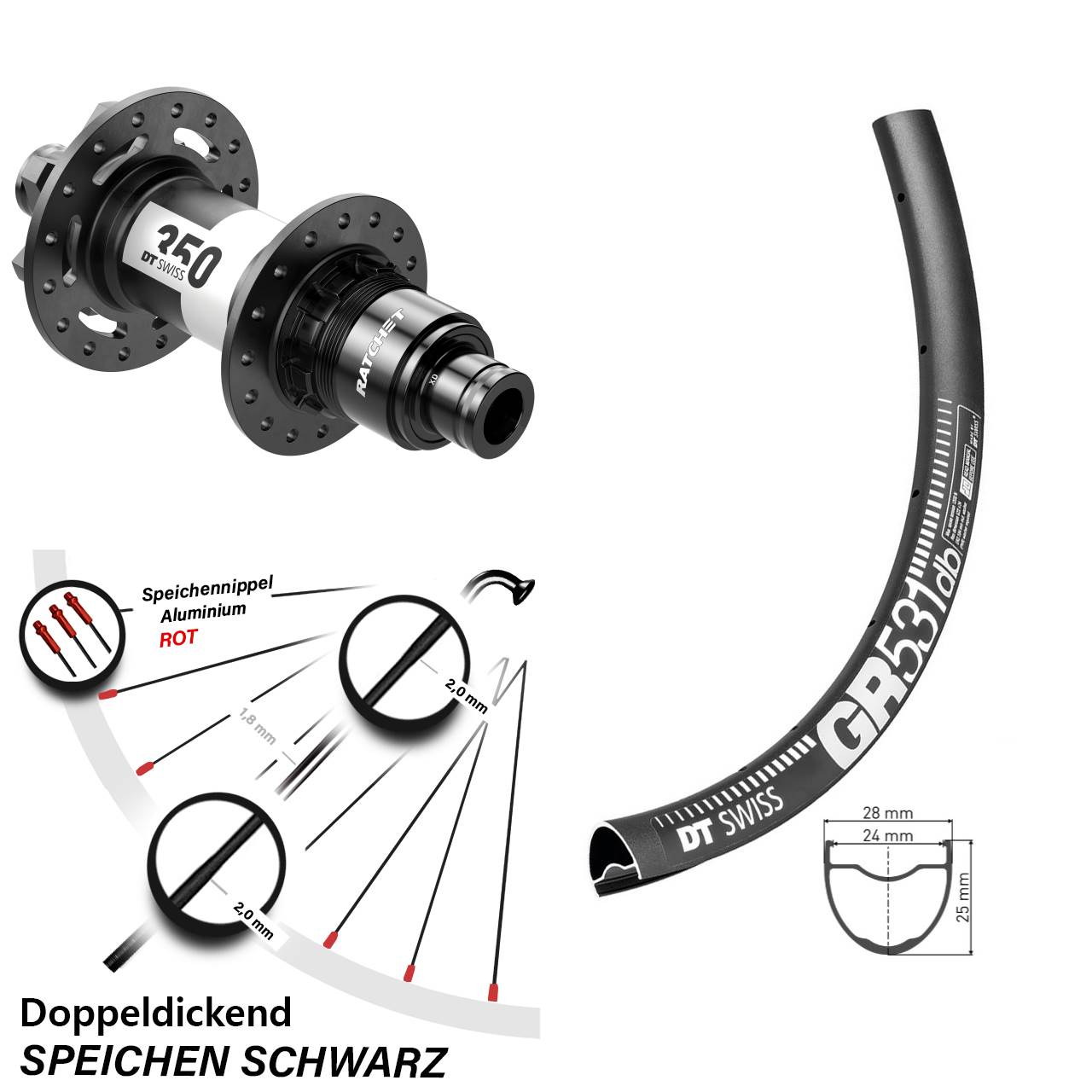 Boost Hinterrad 6-Loch 12x148 28-29 Zoll DT Swiss GR531 DT Swiss 350 XD