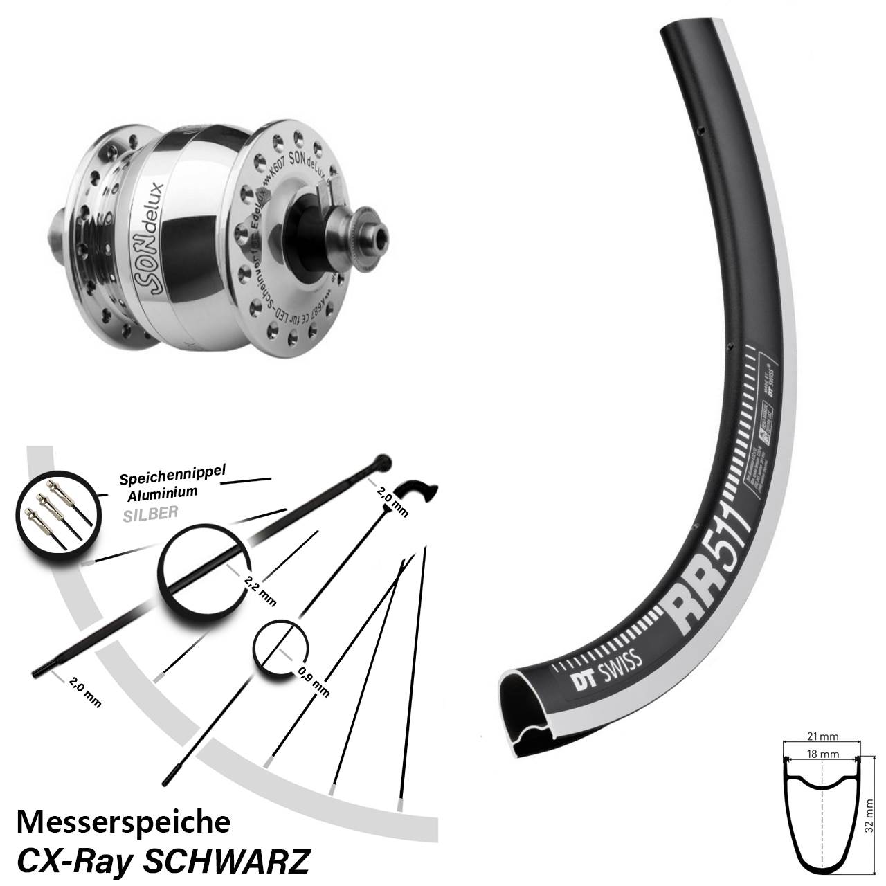 SONdelux poliert DT Swiss RR 511 28 Zoll Vorderrad mit Nabendynamo QR CX-Ray