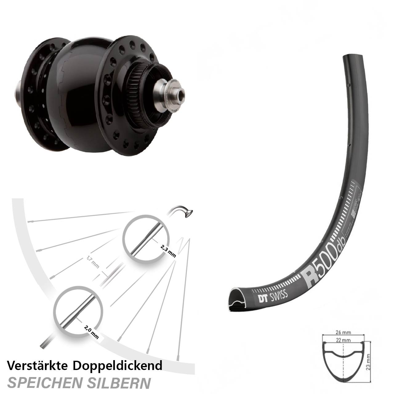 28-29 Zoll DT Swiss R 500 SONdelux Centerlock Vorderrad mit Nabendynamo QR