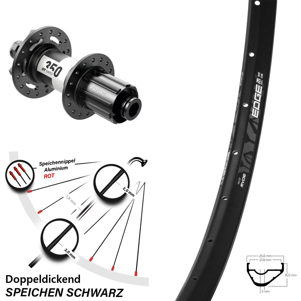 Ryde Edge M22 DT Swiss 350 28 Zoll Disc Hinterrad 12x148 Boost 8-11 fach HG