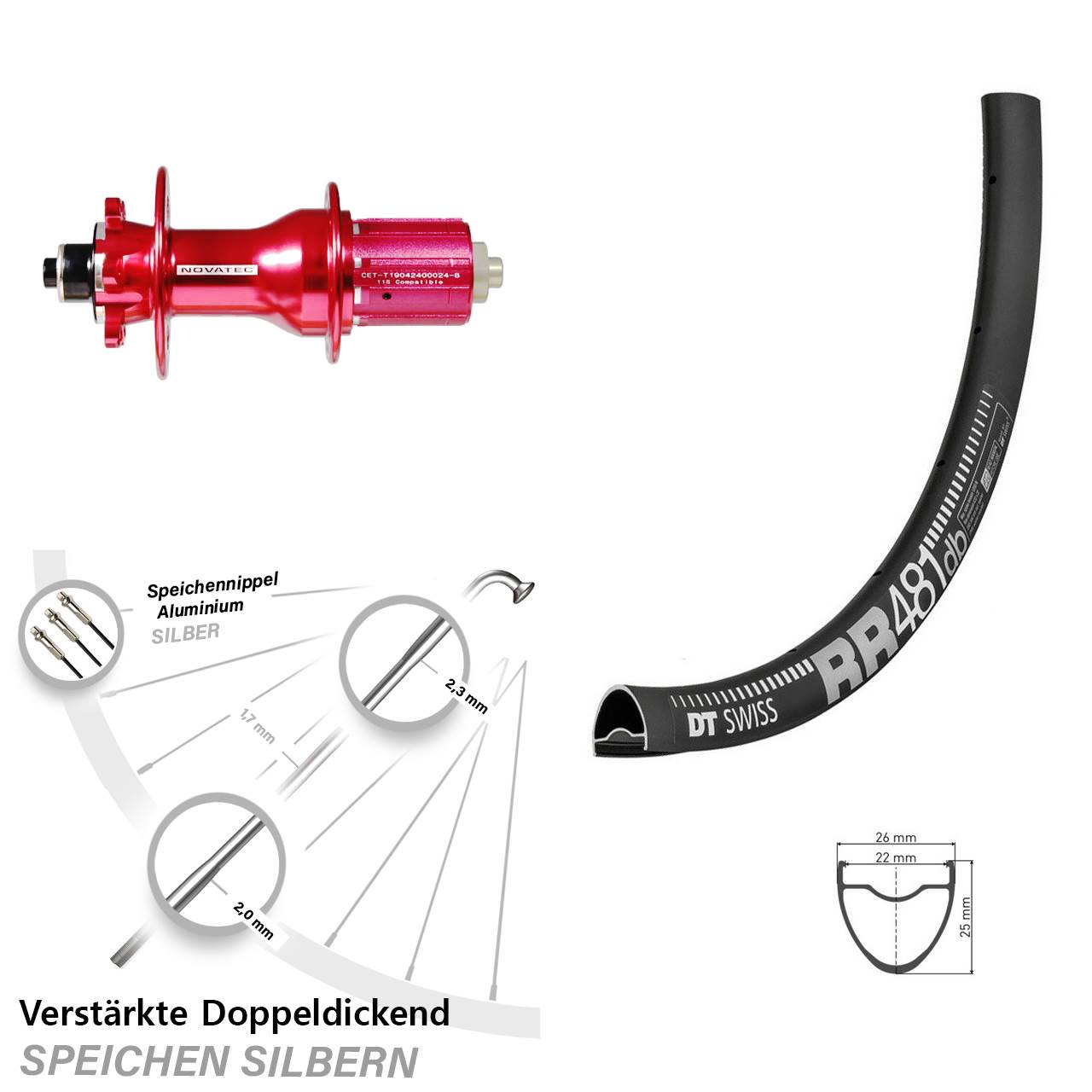 28 Zoll Hinterrad DT Swiss RR 481 Disc mit Novatec D792SB Nabe rot 8-12 fach