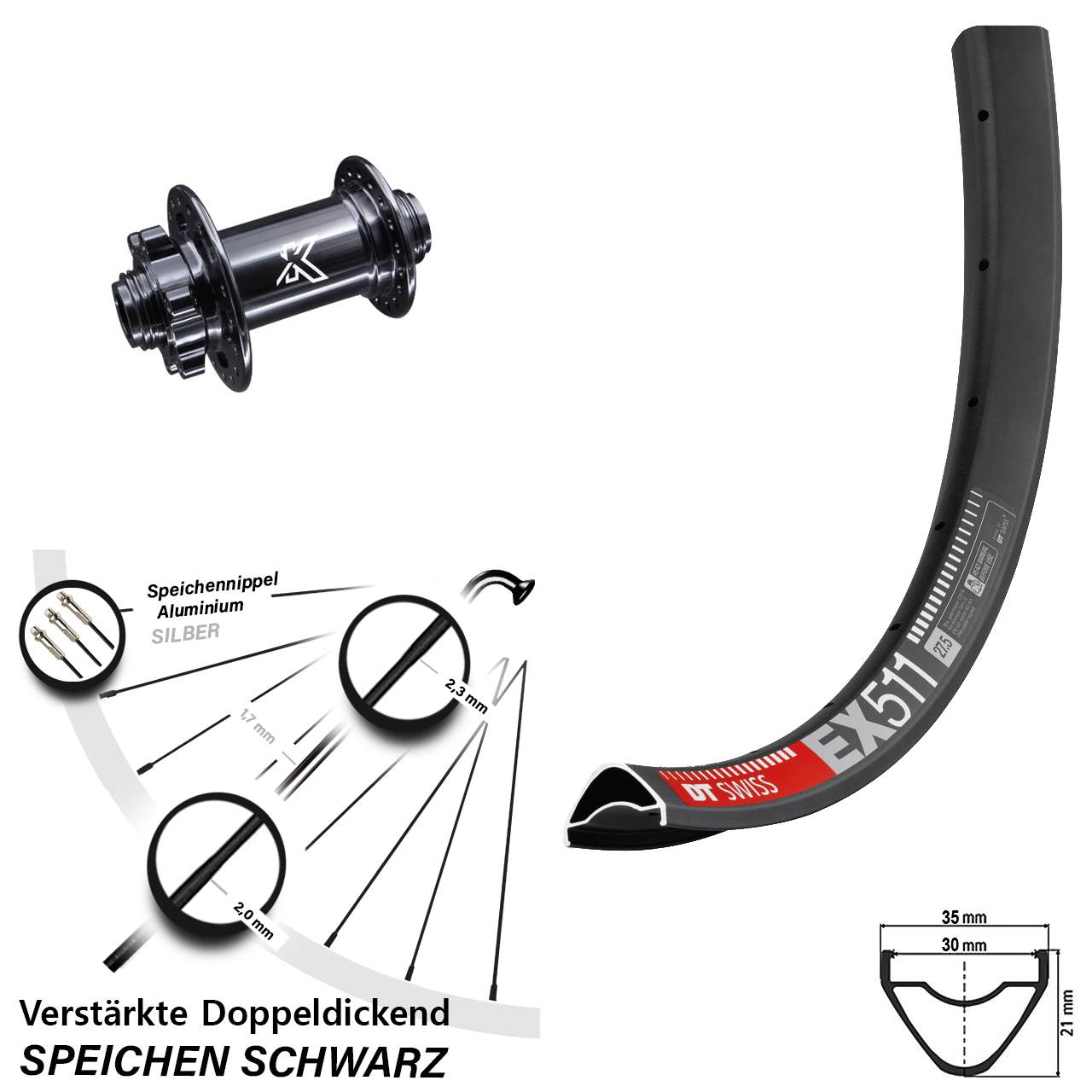 6-Loch Vorderrad 27,5 Zoll DT Swiss EX 511 KX-M 15x100
