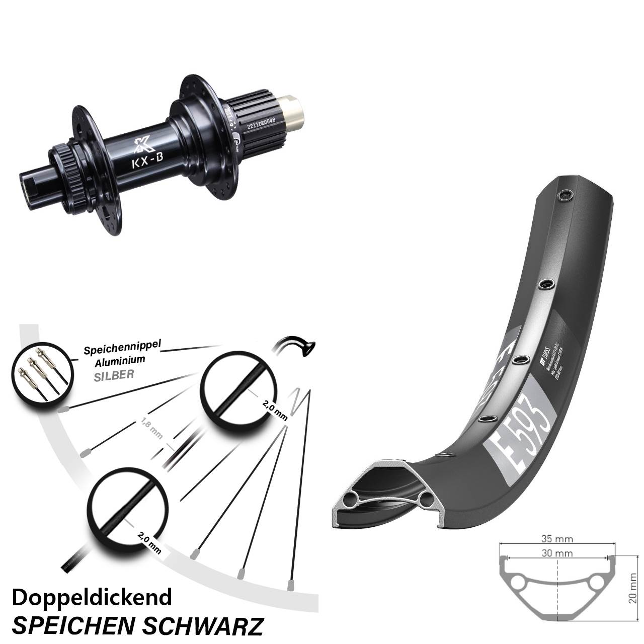 DT Swiss E 593 KX-B 29 Zoll Disc Laufrad 12x148 Shimano Micro Spline