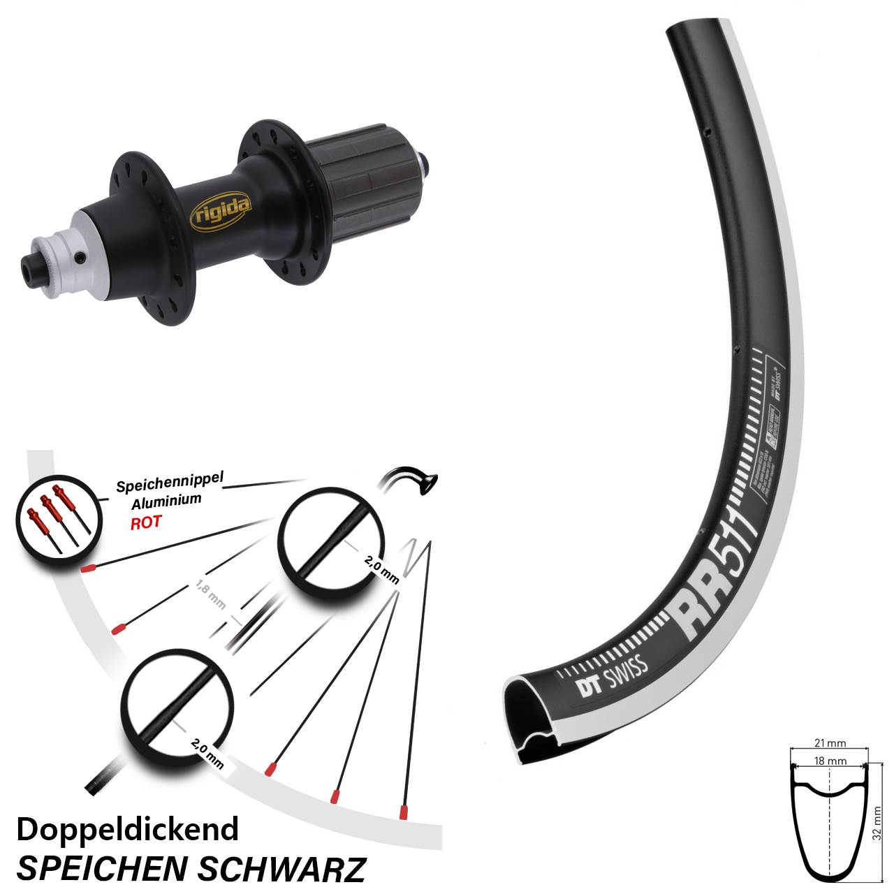 Hinterrad 28 Zoll DT Swiss RR 511 Rigida RWS 8-11 fach HG QR