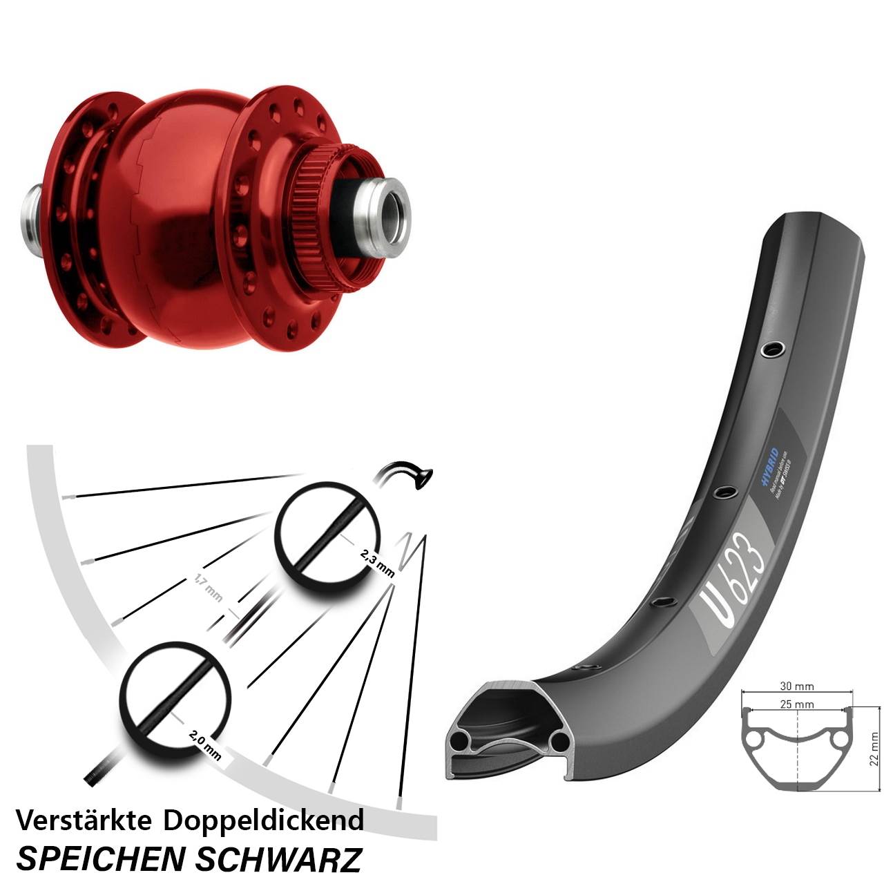 29 Zoll DT Swiss U623 SON 28 rot Disc Nabendynamovorderrad 12x100