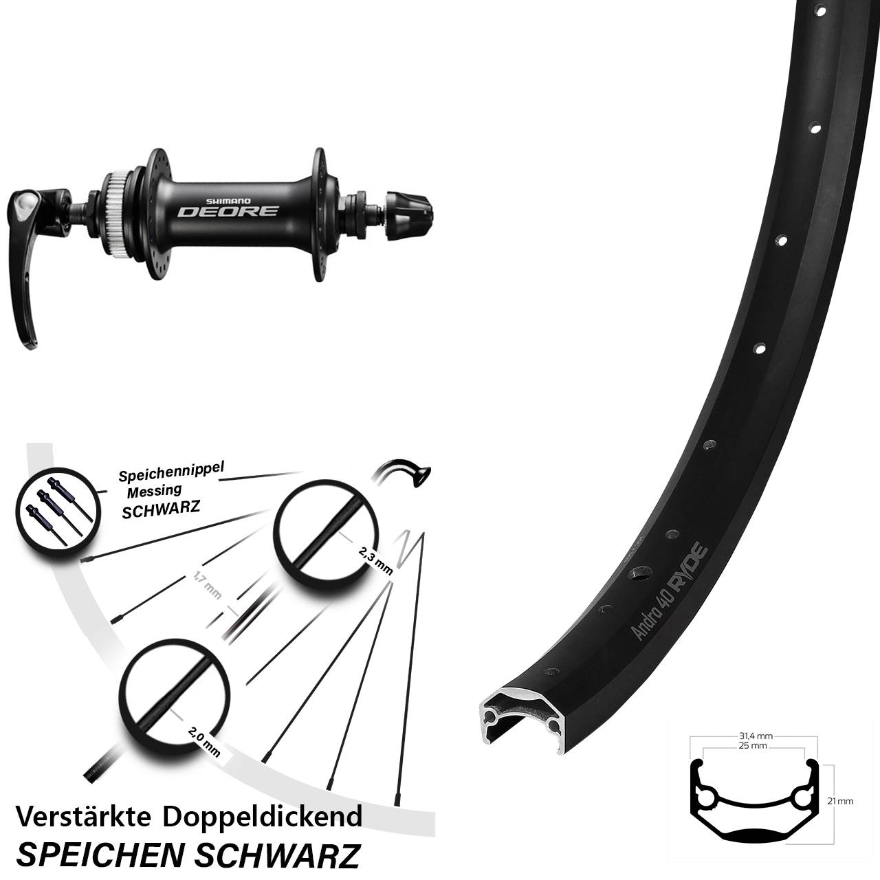 Ryde Andra 40 Disc Shimano Deore 650B Vorderrad Centerlock für Schnellspanner