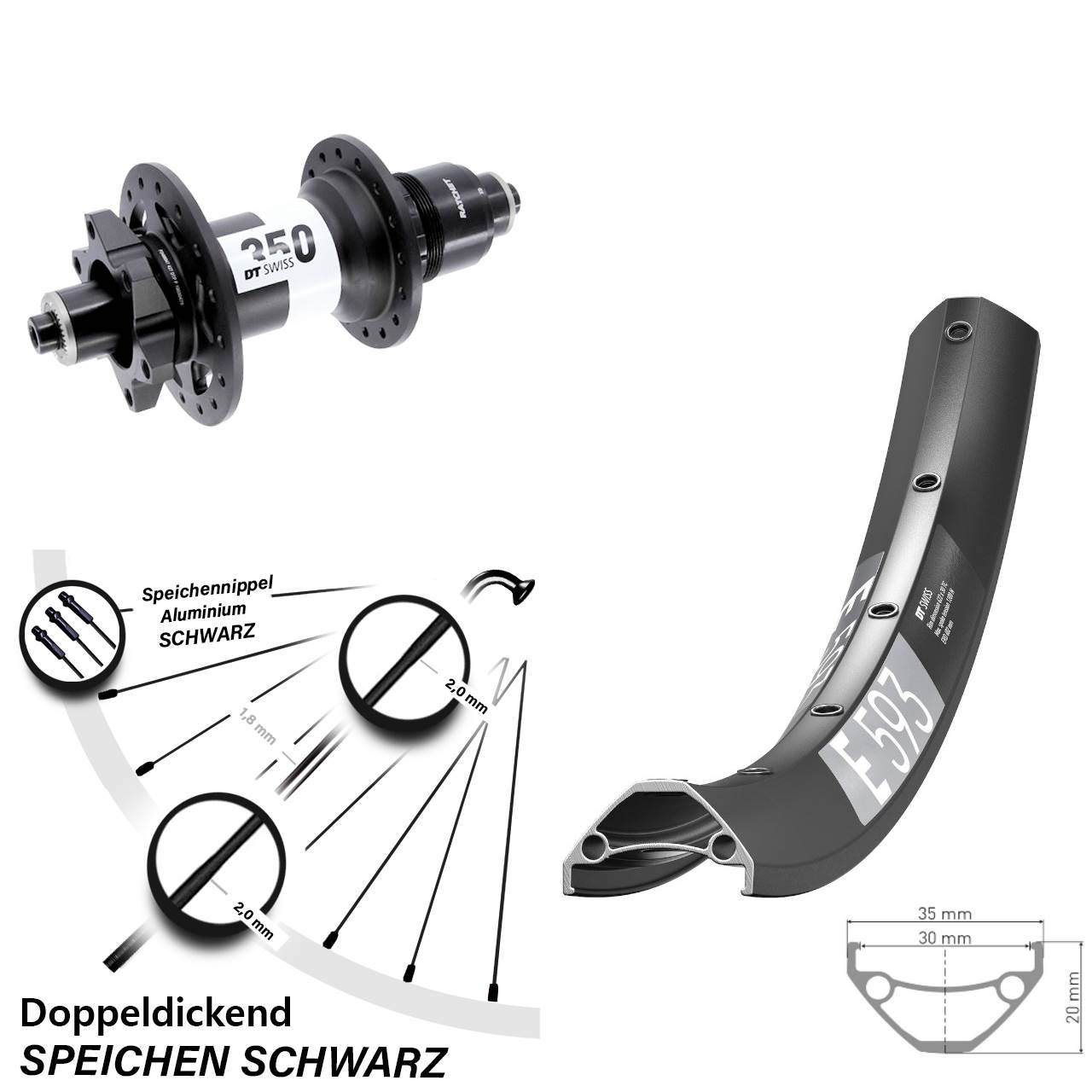 DT Swiss E593-350 29 Zoll Hinterrad 6-Loch für Schnellspanner Boost XD