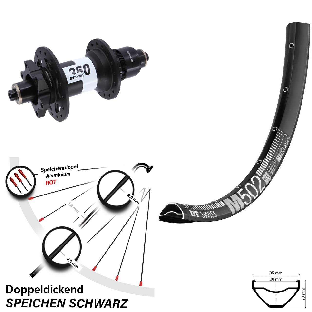 6-Loch Hinterrad 29 Zoll DT Swiss M502-350 XD für Schnellspanner