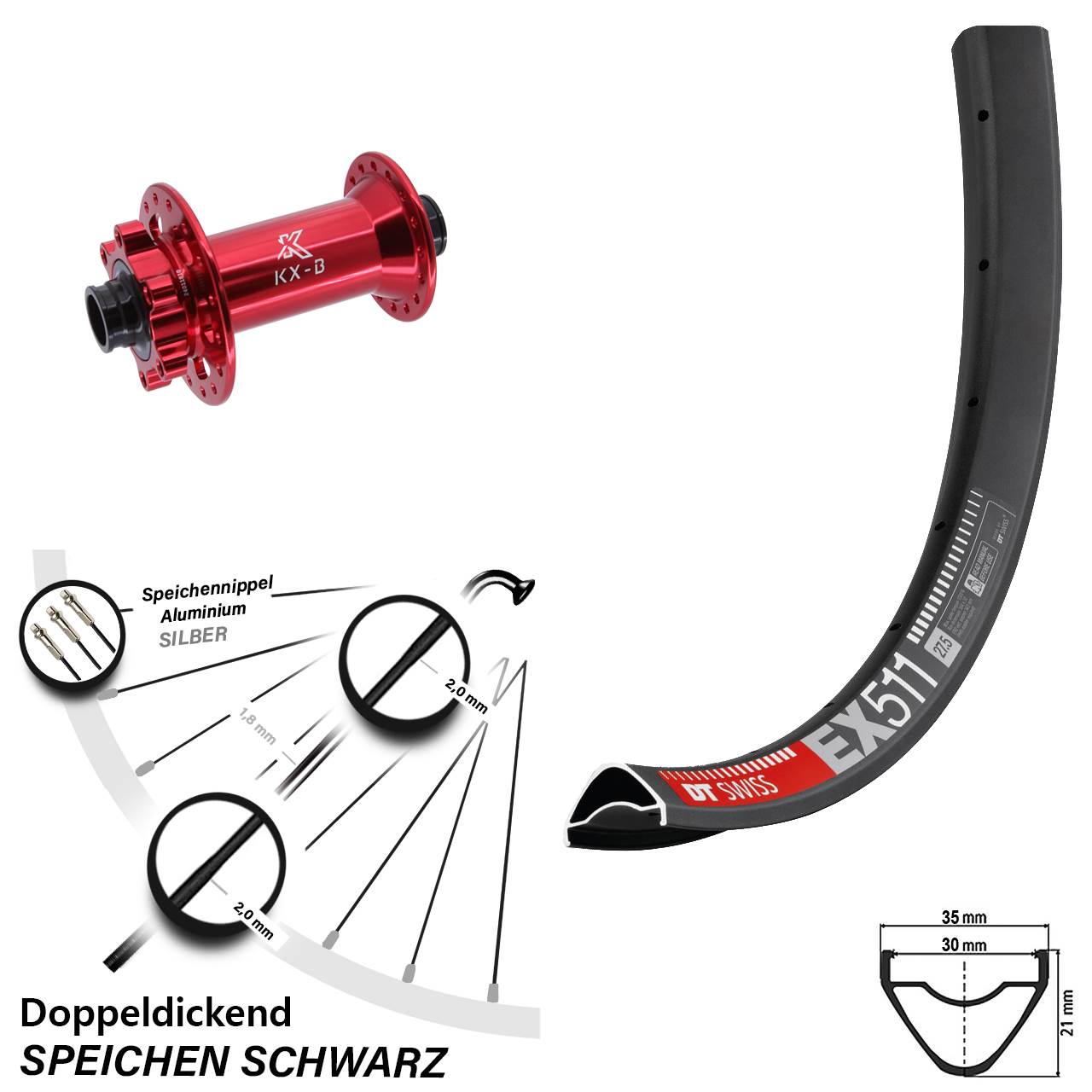 29 Zoll DT Swiss EX511 KX-B rot 6-Loch Vorderrad 15x110 Boost