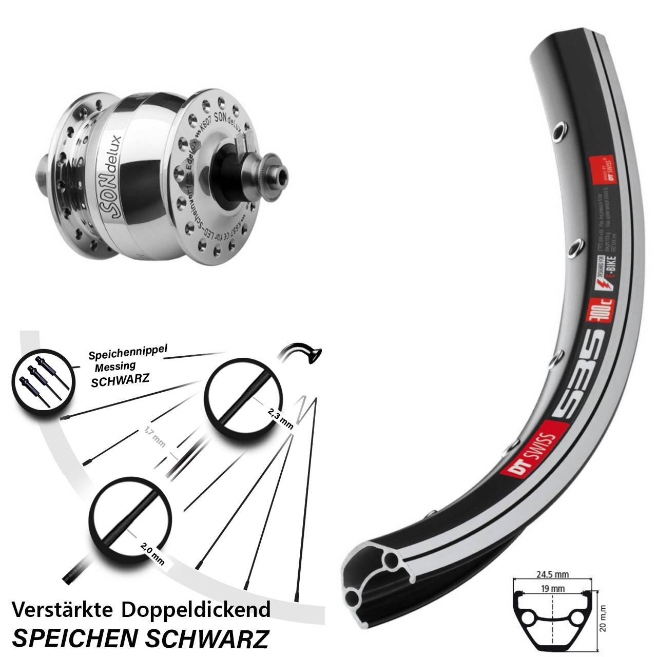 Vorderrad mit Nabendynamo 28 Zoll DT Swiss 535 SON delux für Schnellspanner