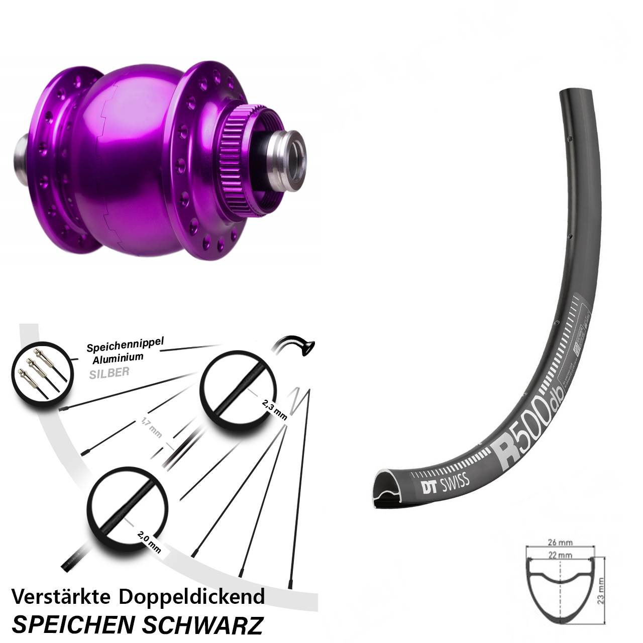 Disc Vorderrad mit Nabendynamo 12x100 28 Zoll DT Swiss R500 SON 28 violett