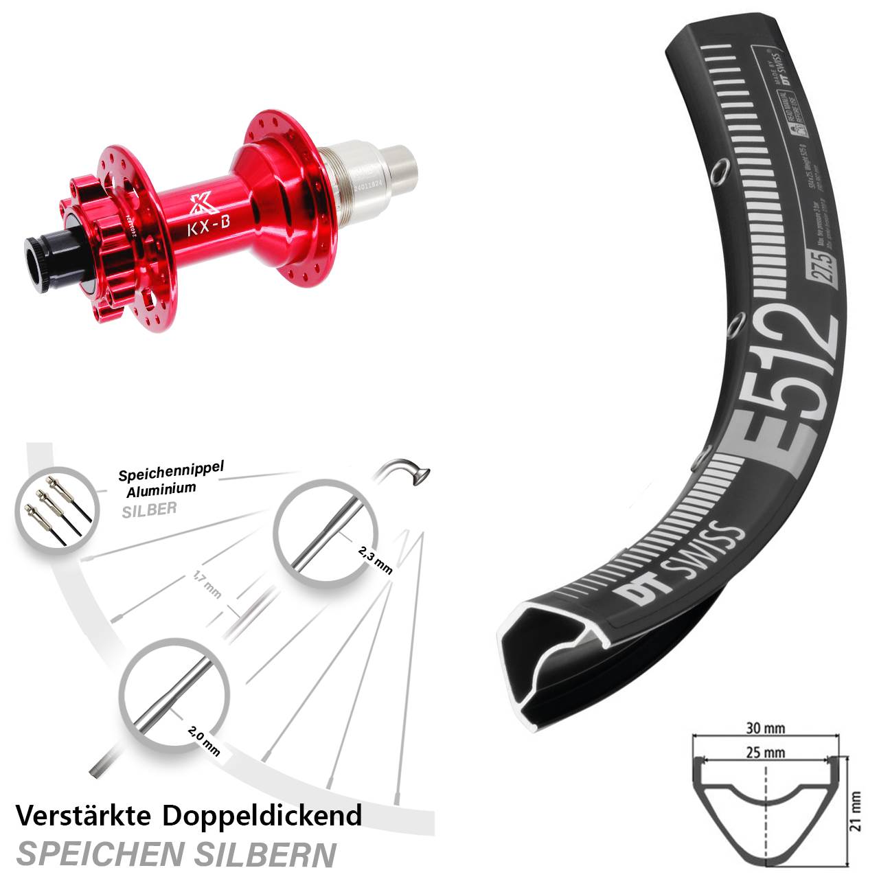 Boost 6-Loch 29 Zoll Hinterrad 12x148 DT Swiss E512 KX-B rot XD 11-12 fach