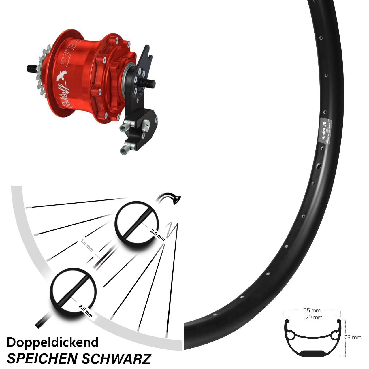 Disc Hinterrrad 29 Zoll Ryde Andra 29 Rohloff Speedhub TS DB OEM2 Tandem rot