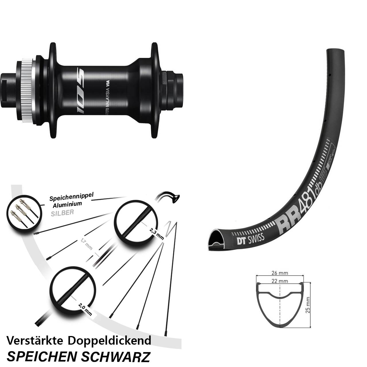 verstärktes 28 Zoll Vorderrad DT Swiss RR 481 DB mit Shimano 105 Nabe Centerlock