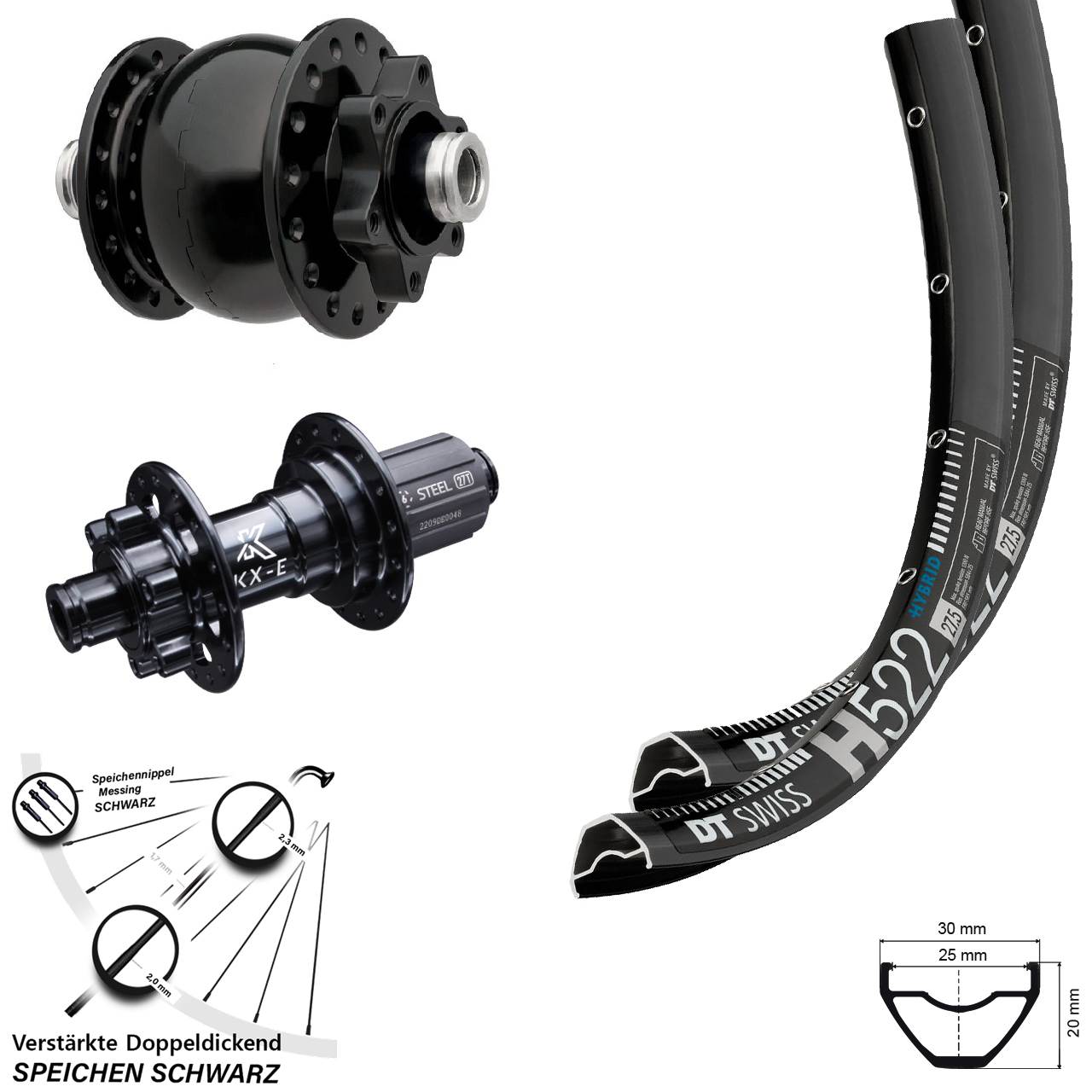 Laufradsatz 29 Zoll DT Swiss H522 Disc 6-Loch 12x100/142 KX-E SON 28 Dynamo HG 8-12 fach