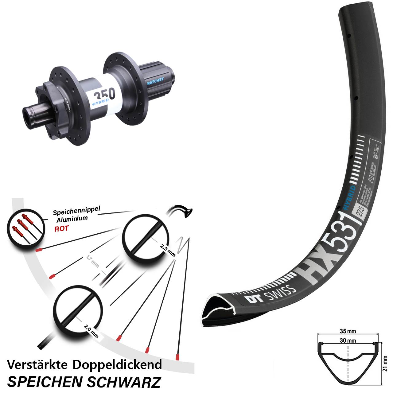 Hinterrad E-Bike 27,5 Zoll HX 531 DT Swiss 350 Hybrid Boost 12x148 mm Shimano 8-11 fach