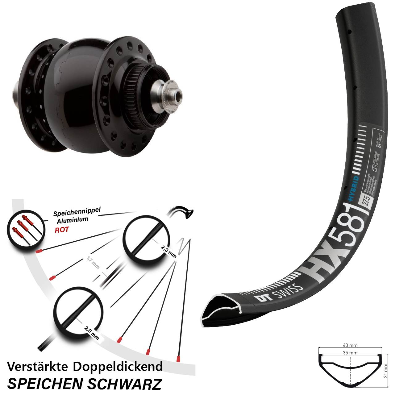Disc Nabendynamo-Laufrad 27,5 Zoll DT Swiss HX 581 SON 28 für Schnellspanner