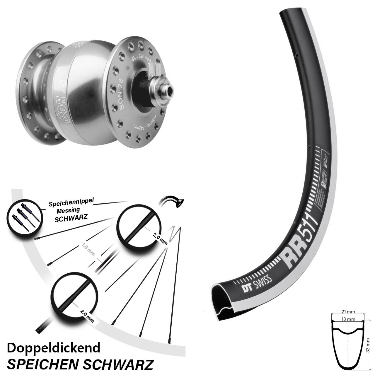 DT Swiss RR511 SON 28 Zoll Dynamo-Vorderrad für Schnellspanner