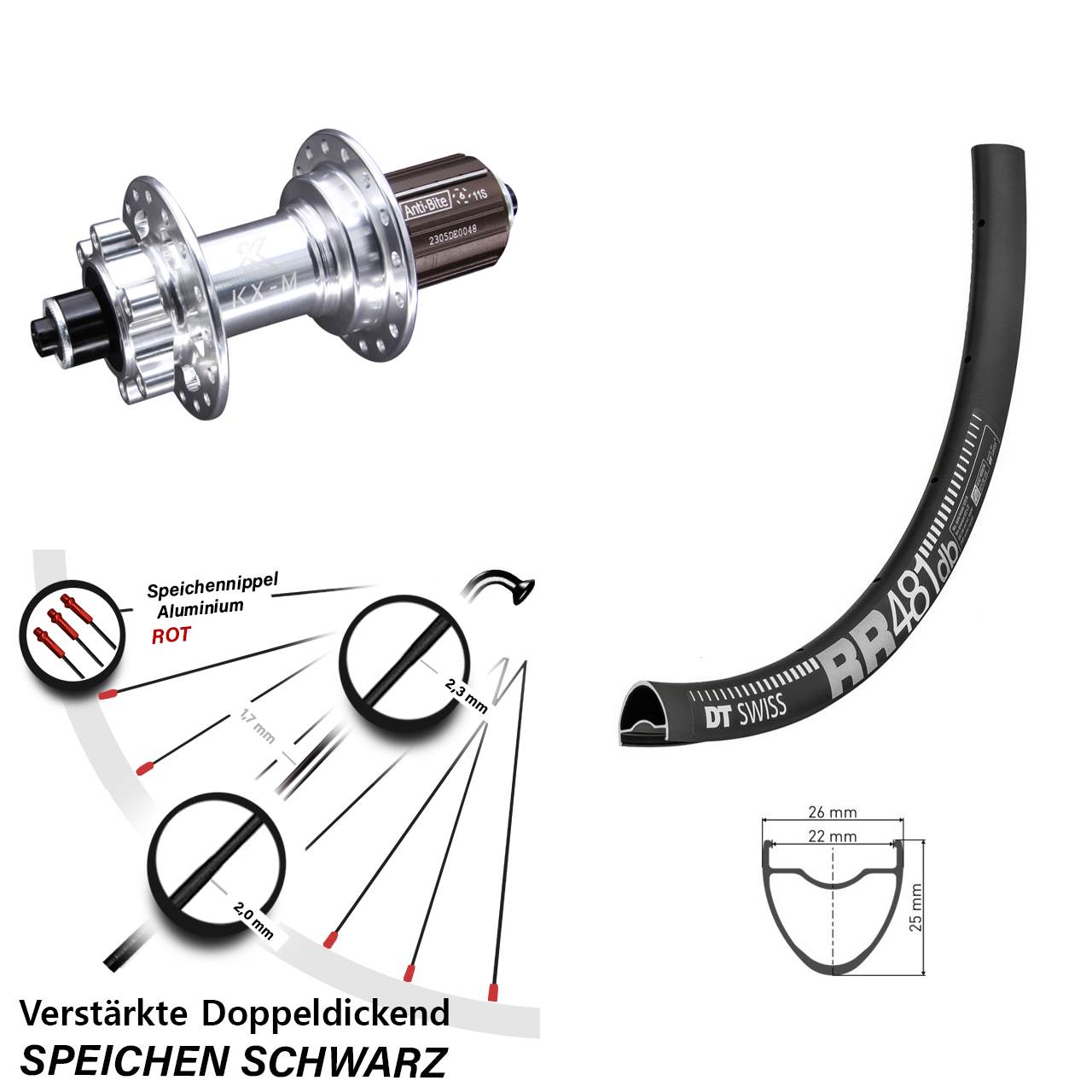 28 Zoll DT Swiss RR 481 KX-M Disc Laufrad für Schnellspanner 8-12 fach