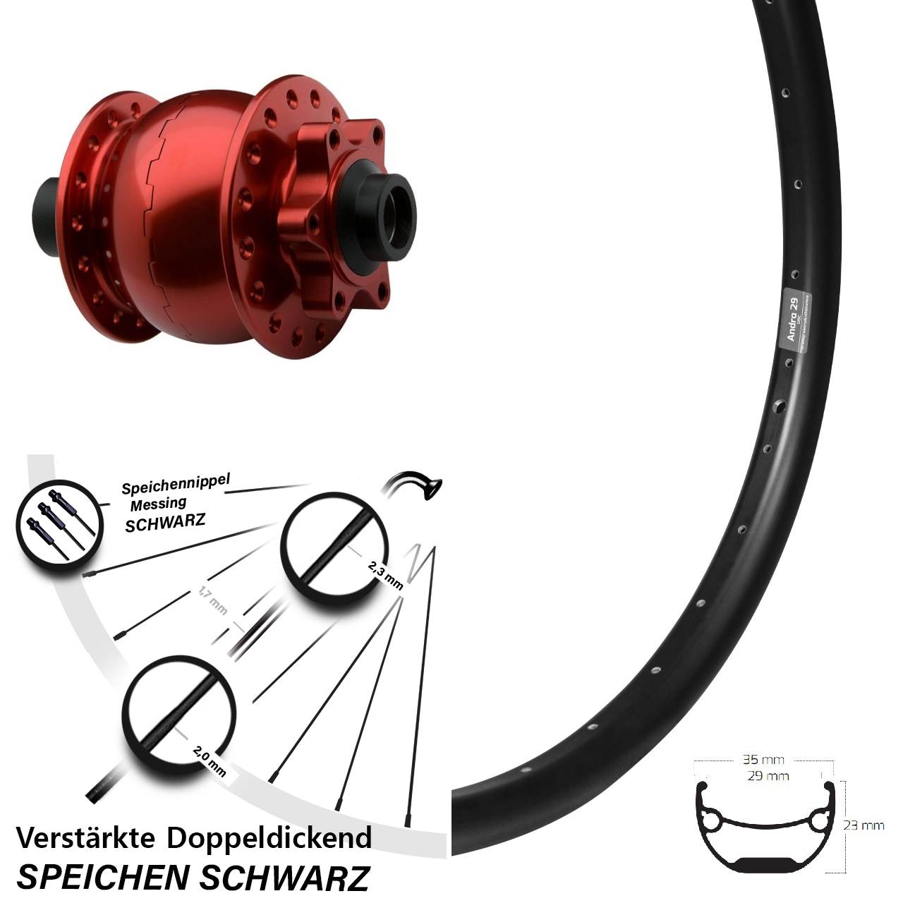 Vorderrad Ryde Andra 29 Zoll schwarz SON 28 15x100 6-Loch rot eloxiert