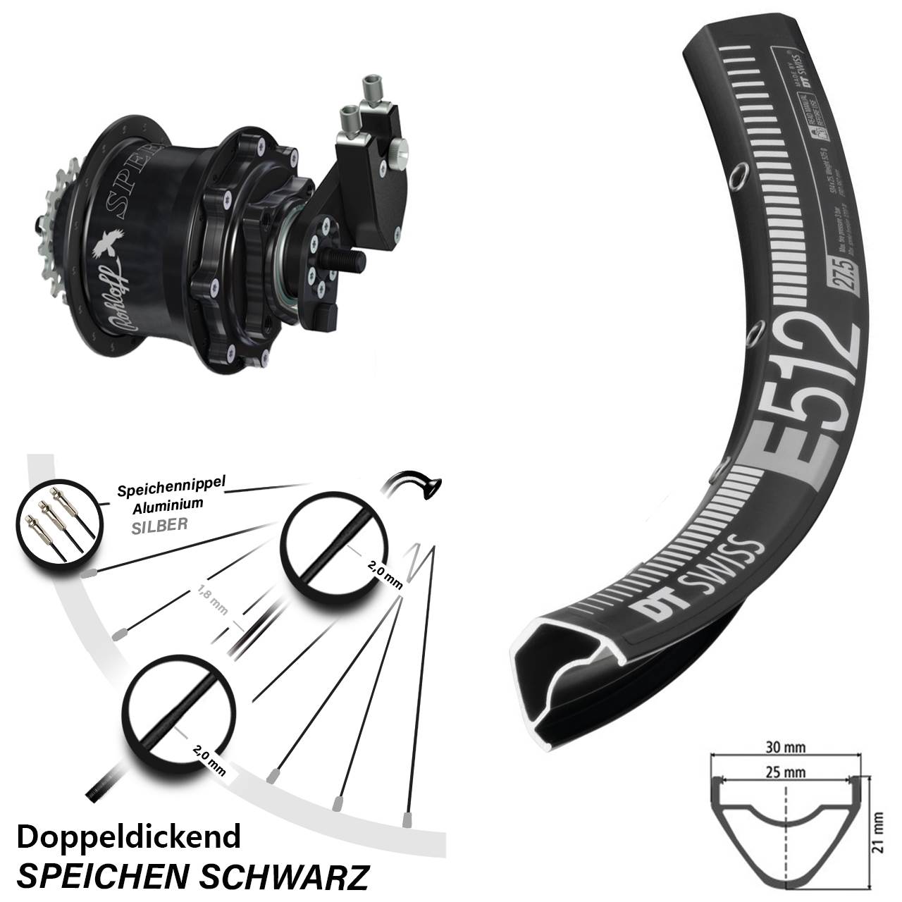 Hinterrad 29 Zoll DT Swiss E 512 Disc Rohloff Speedhub 500/14 TS DB OEM Tandem schwarz