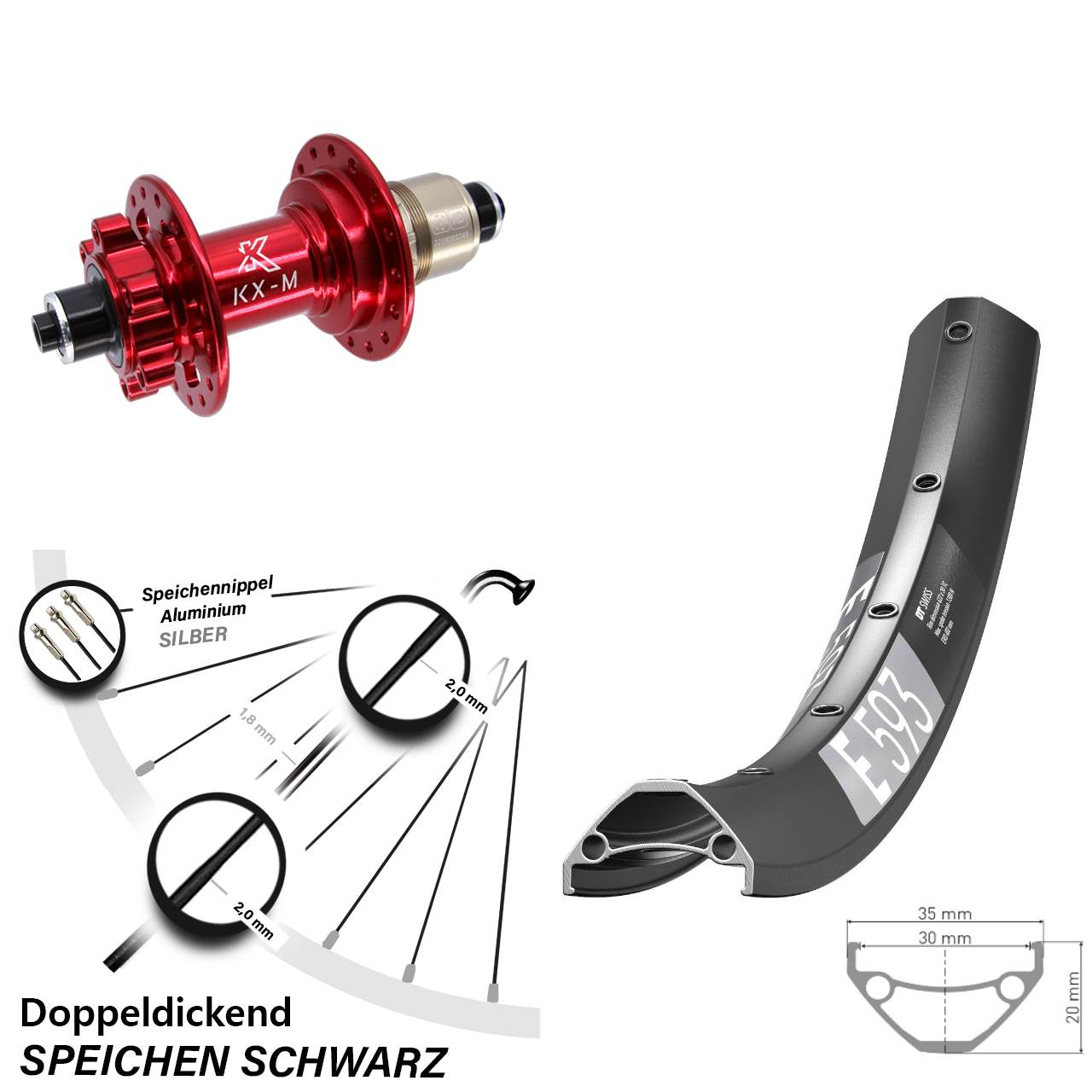 29 Zoll DT Swiss E593 KX-M rot Disc Laufrad QR XD 11-12 fach