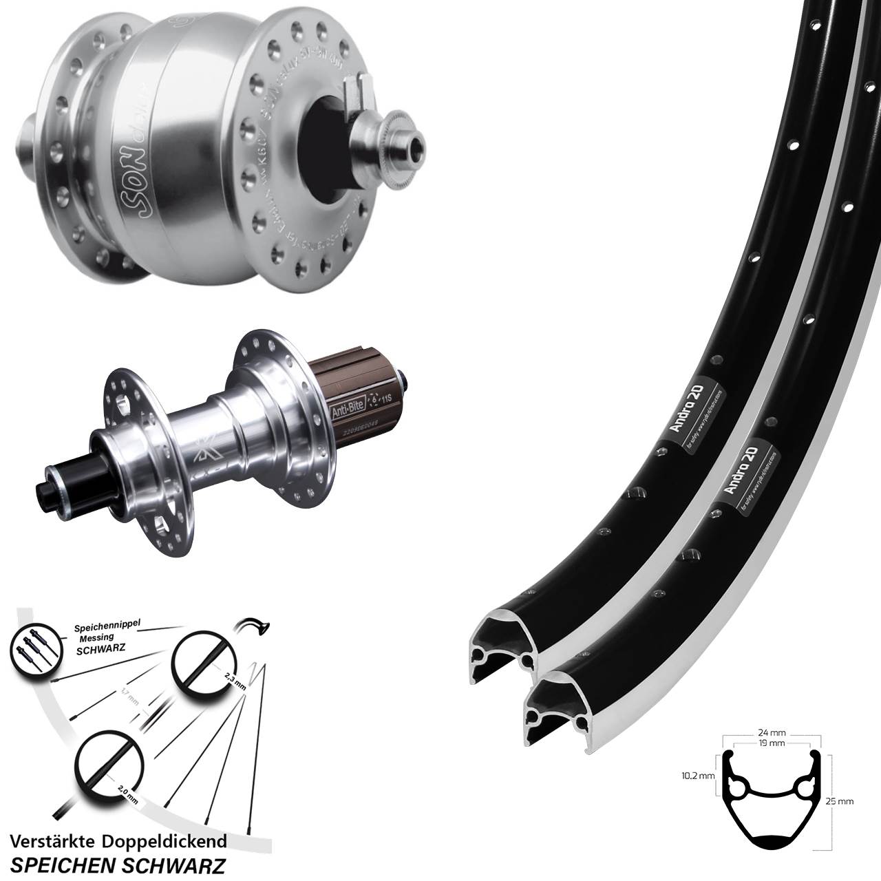 28 Zoll Ryde Andra 20 KX-T SON delux Laufrad-Satz für Schnellspanner 8-12 fach