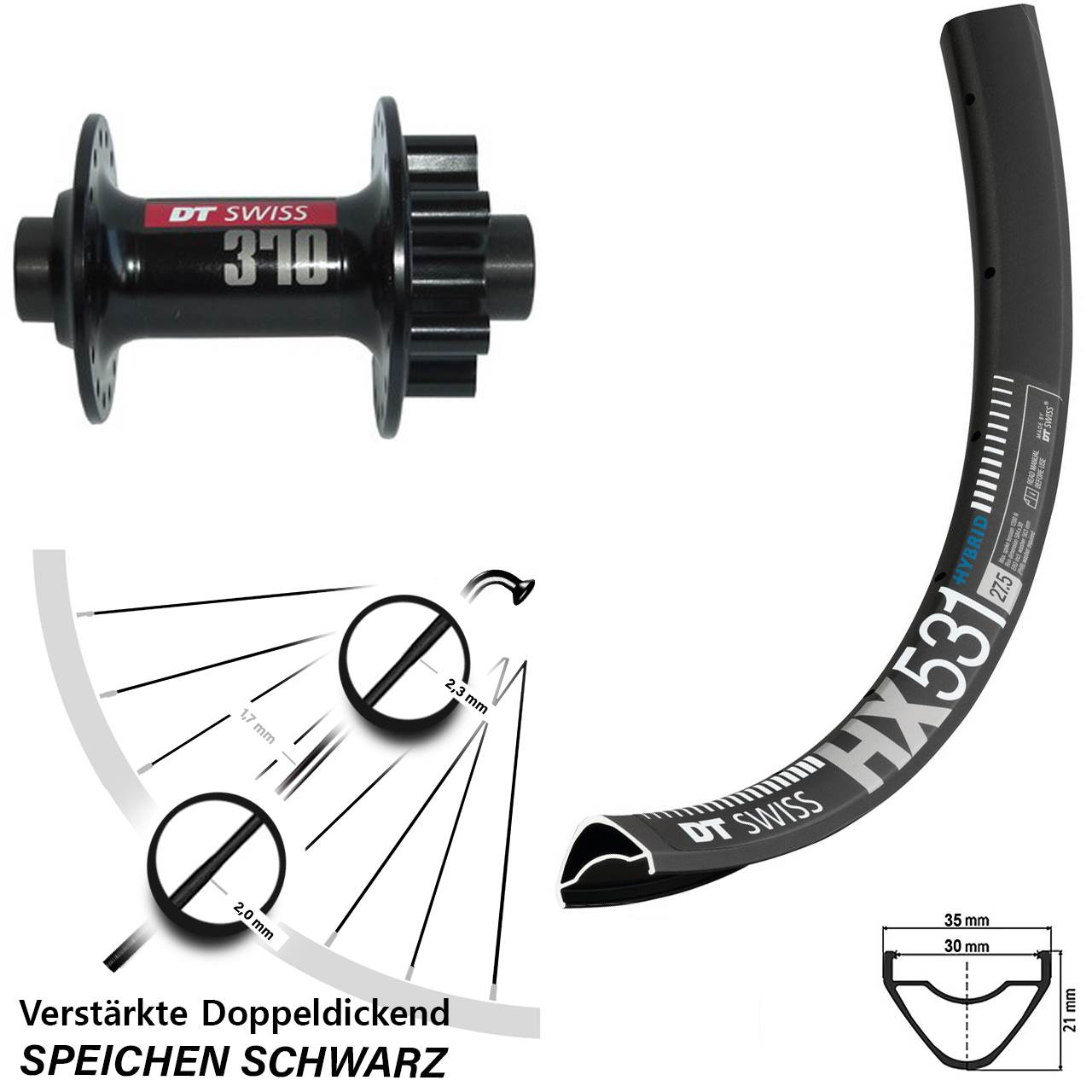 27,5 Zoll Vorderrad DT Swiss HX 531-370 6-Loch 15x100