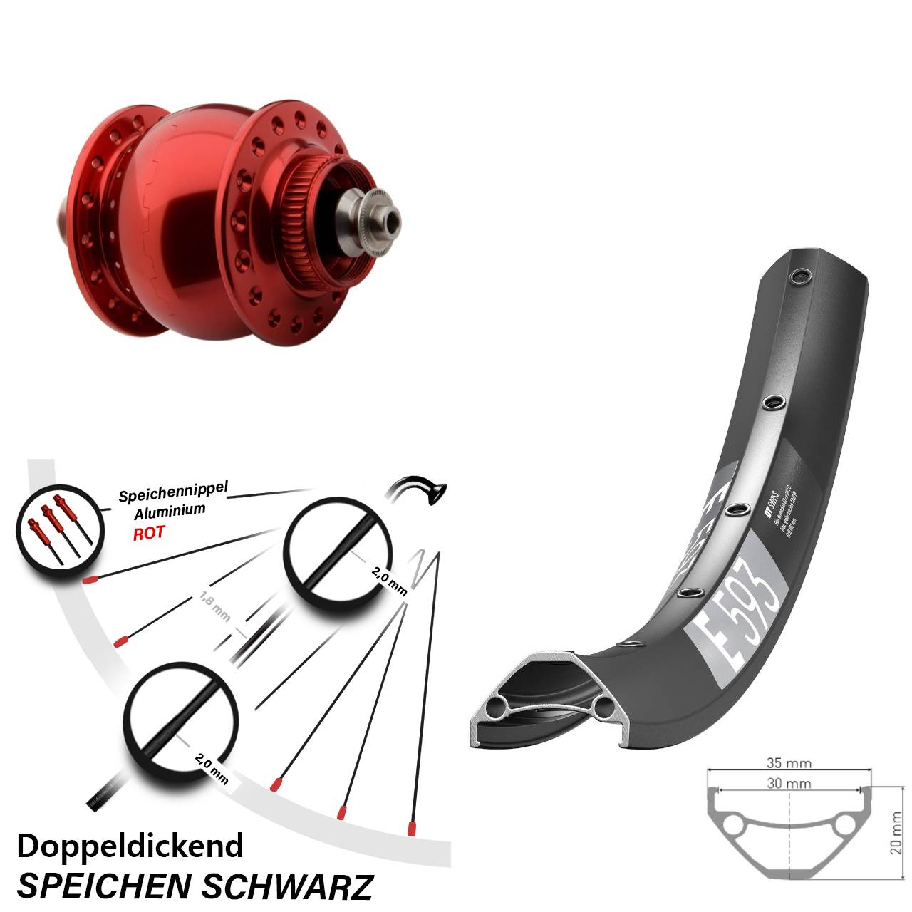Nabendynamo-Vorderrad Centerlock 29 Zoll DT Swiss E 593 SON delux rot für Schnellspanner