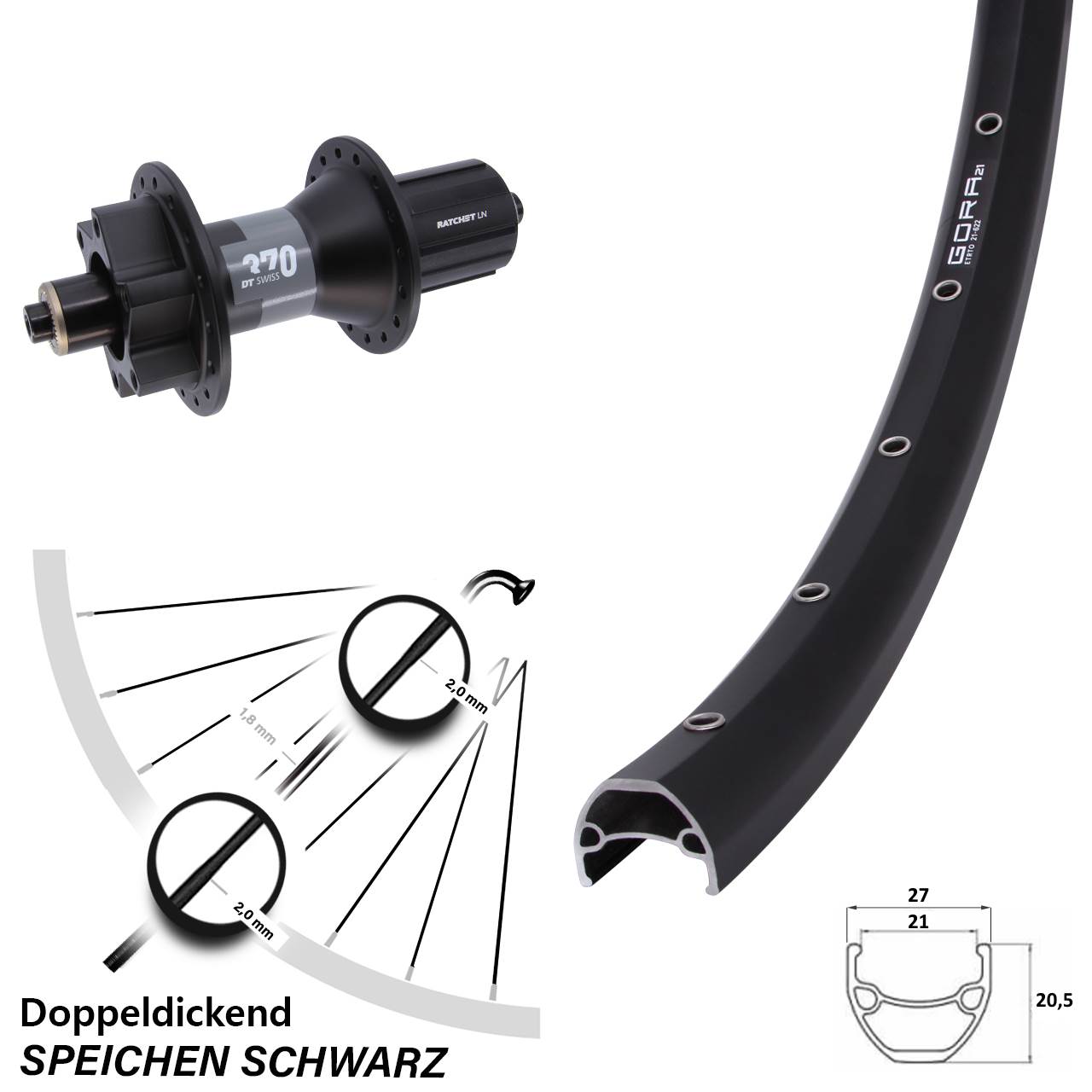 6-Loch Hinterrad QR 28 Zoll Gora 21 DT Swiss 370 8-11 fach