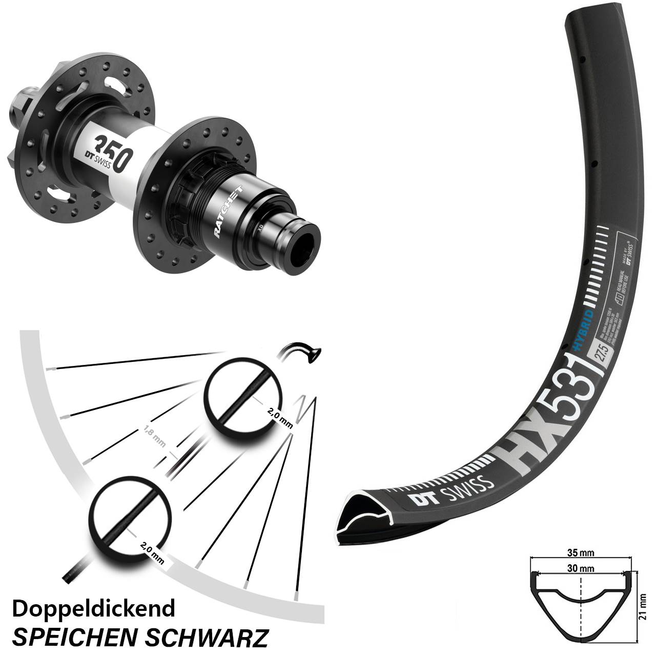 Hinterrad 29 Zoll DT Swiss HX 531-350 6-Loch Sram XD Boost