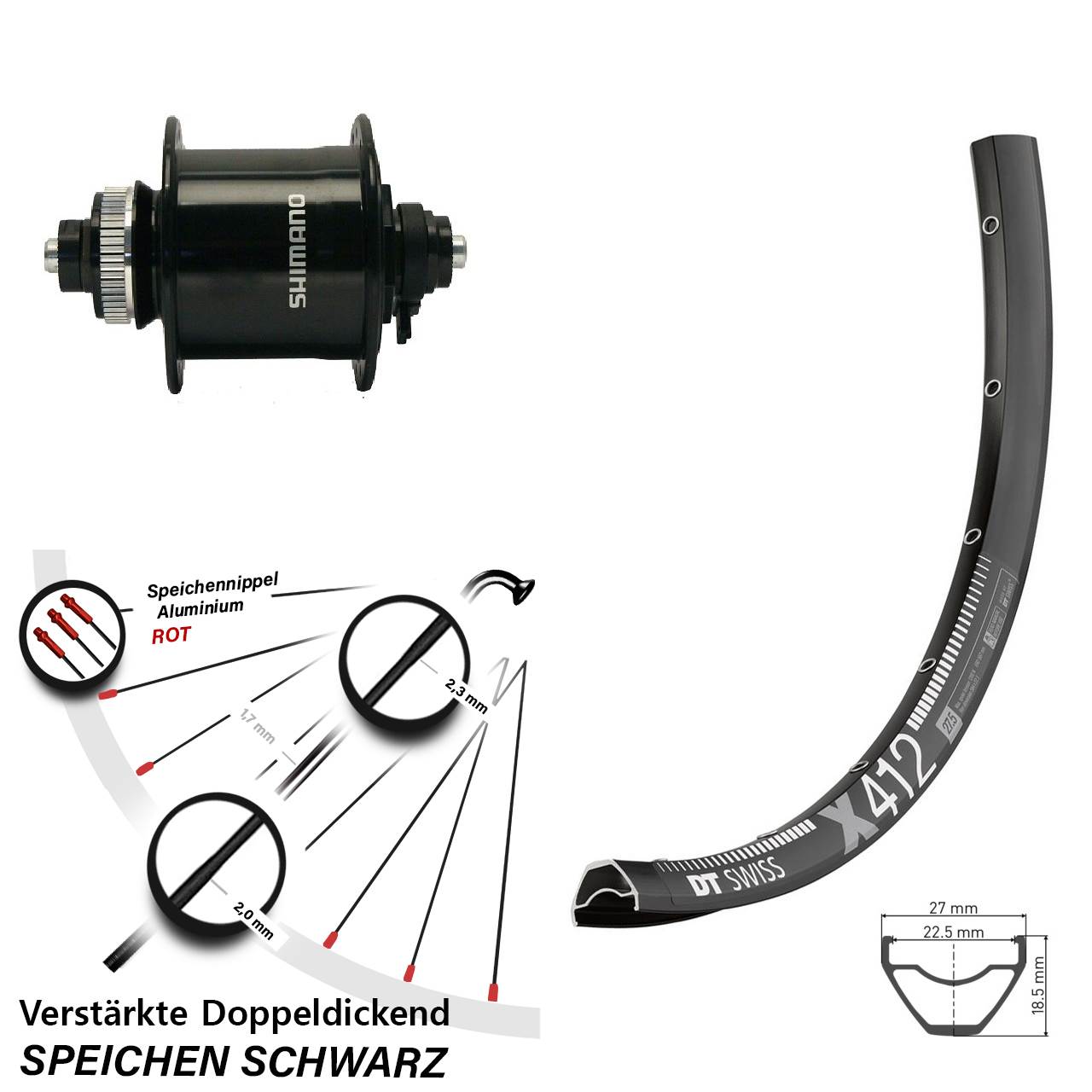 29 Zoll Nabendynamo-Vorderrad DT Swiss X412 Shimano DH-UR700-3D für Schnellspanner