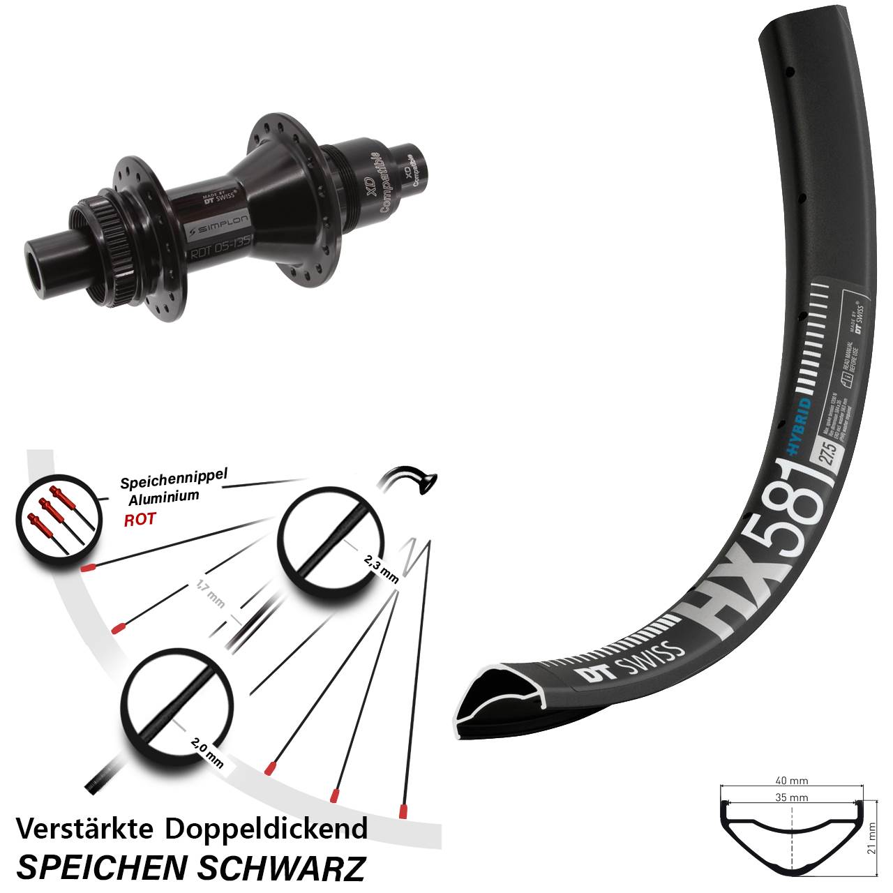 27,5 Zoll DT Swiss HX581 DT Swiss 370 Disc Hinterrad 12x142 SRAM XD