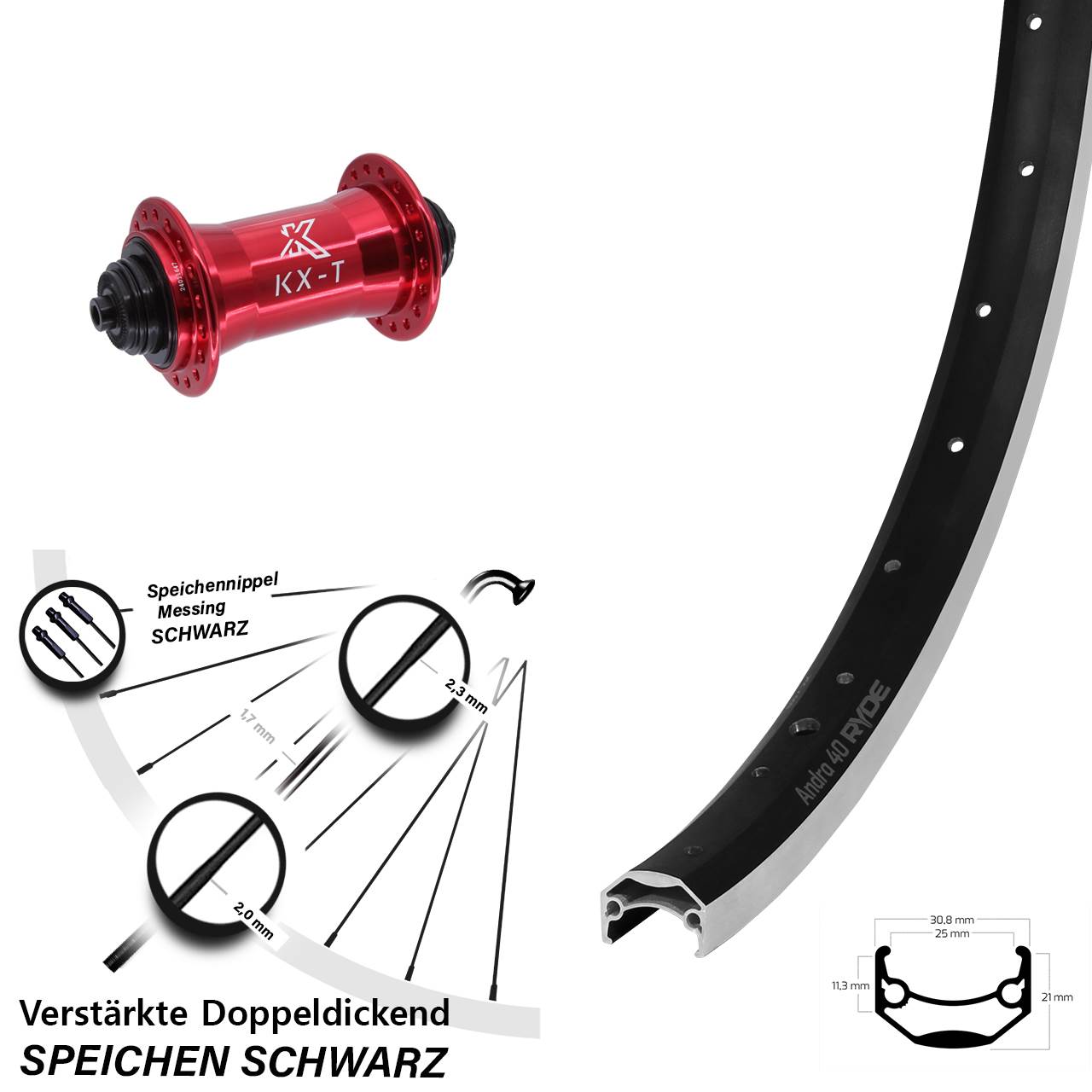Ryde Andra 40 Vorderrad 20 Zoll KX-T rot 5x100 mm