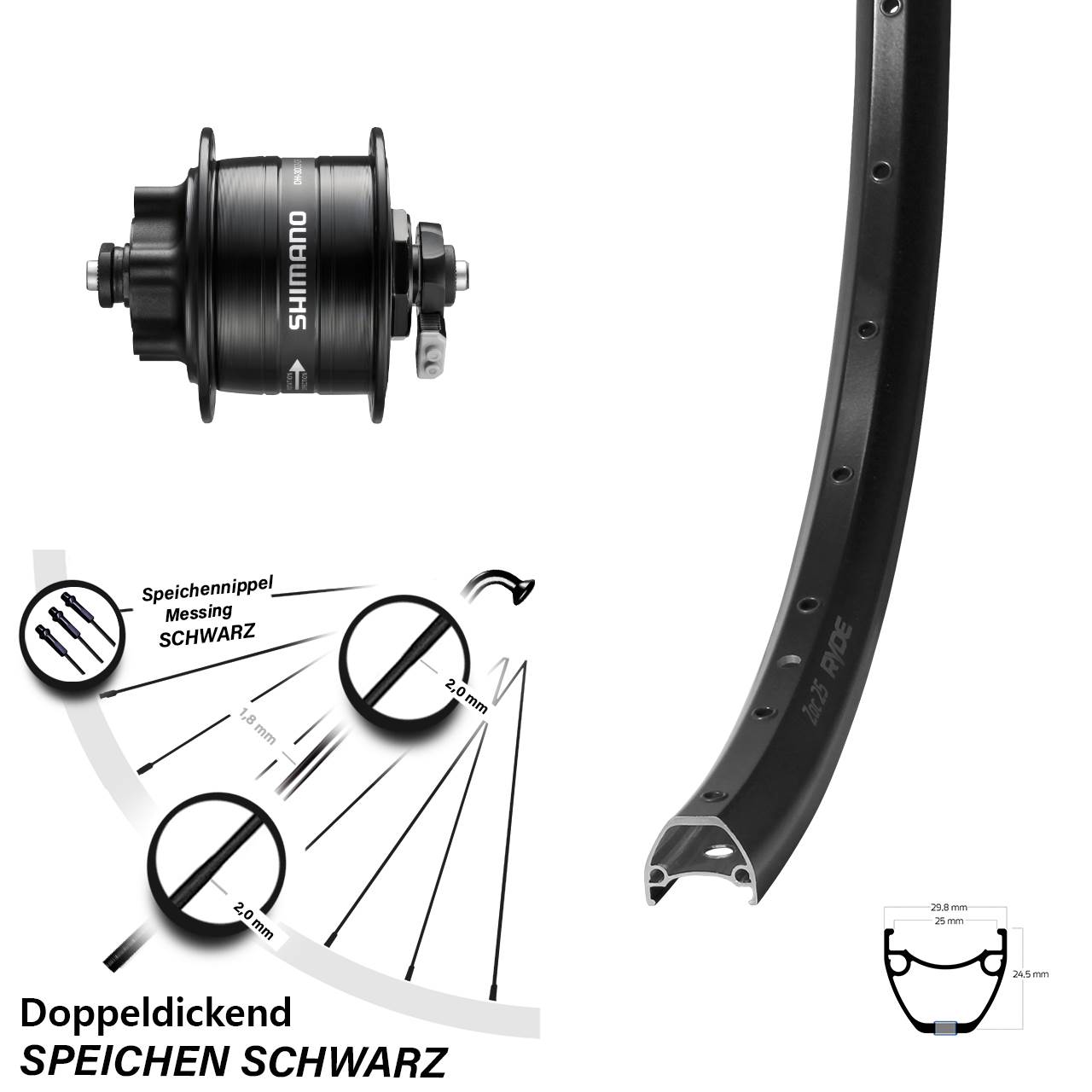 28 Zoll Ryde ZAC 25 Shimano DH-3D32 6-Loch Nabendynamovorderrad QR