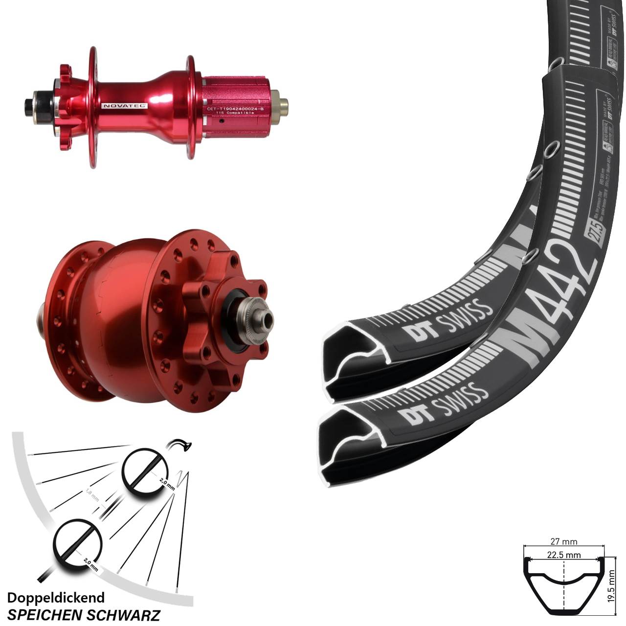 DT Swiss M442 Novatec D792SB Disc 6-Loch SON 28 Zoll rot Laufradsatz QR 8-12 fach