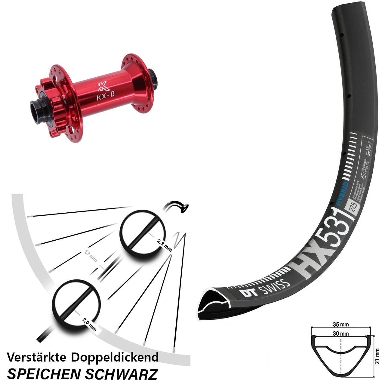 29 Zoll DT Swiss HX 531 KX-B rot 6-Loch Vorderrad 15x110 Boost