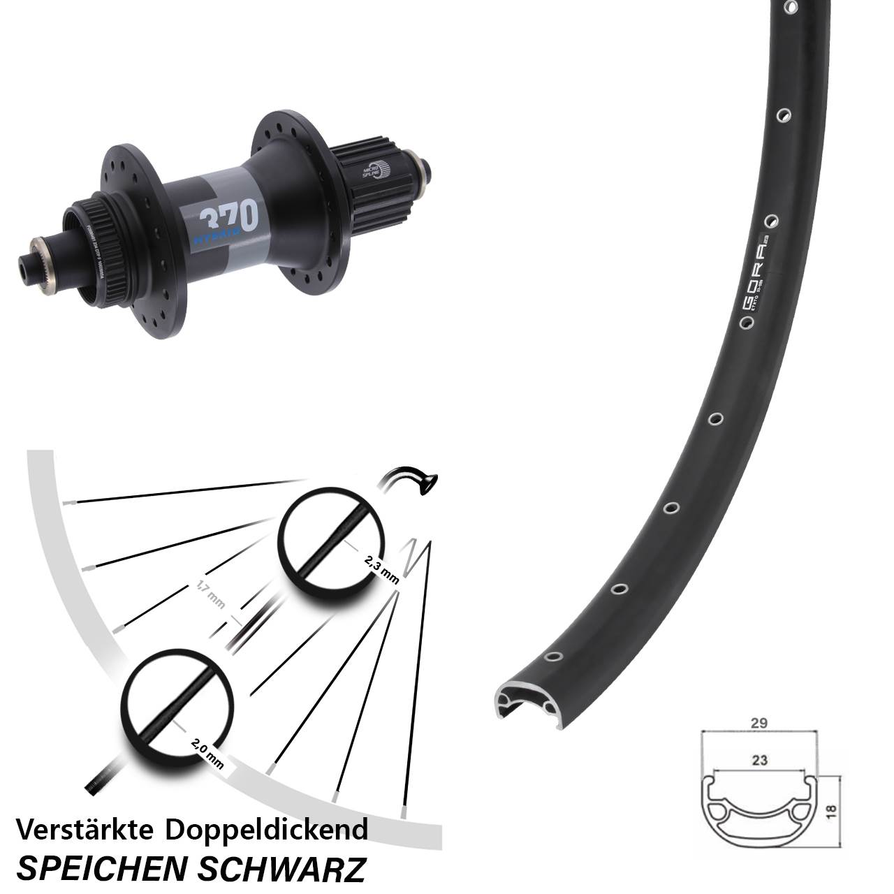 Gora 23 DT Swiss 370 Hybrid 28 Zoll Disc Laufrad für Schnellspanner Boost Micro Spline