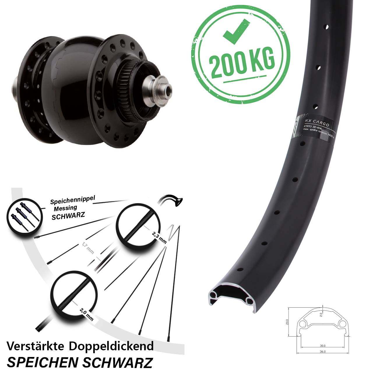 26 Zoll Vorderrad mit Nabendynamo KX Cargo SON 28 Disc Centerlock schwarz eloxiert