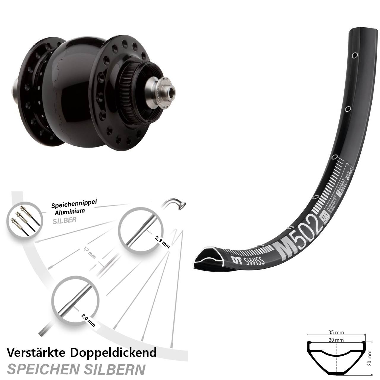 Disc Nabendynamovorderrad 27,5 Zoll DT Swiss M502 SON 28 QR
