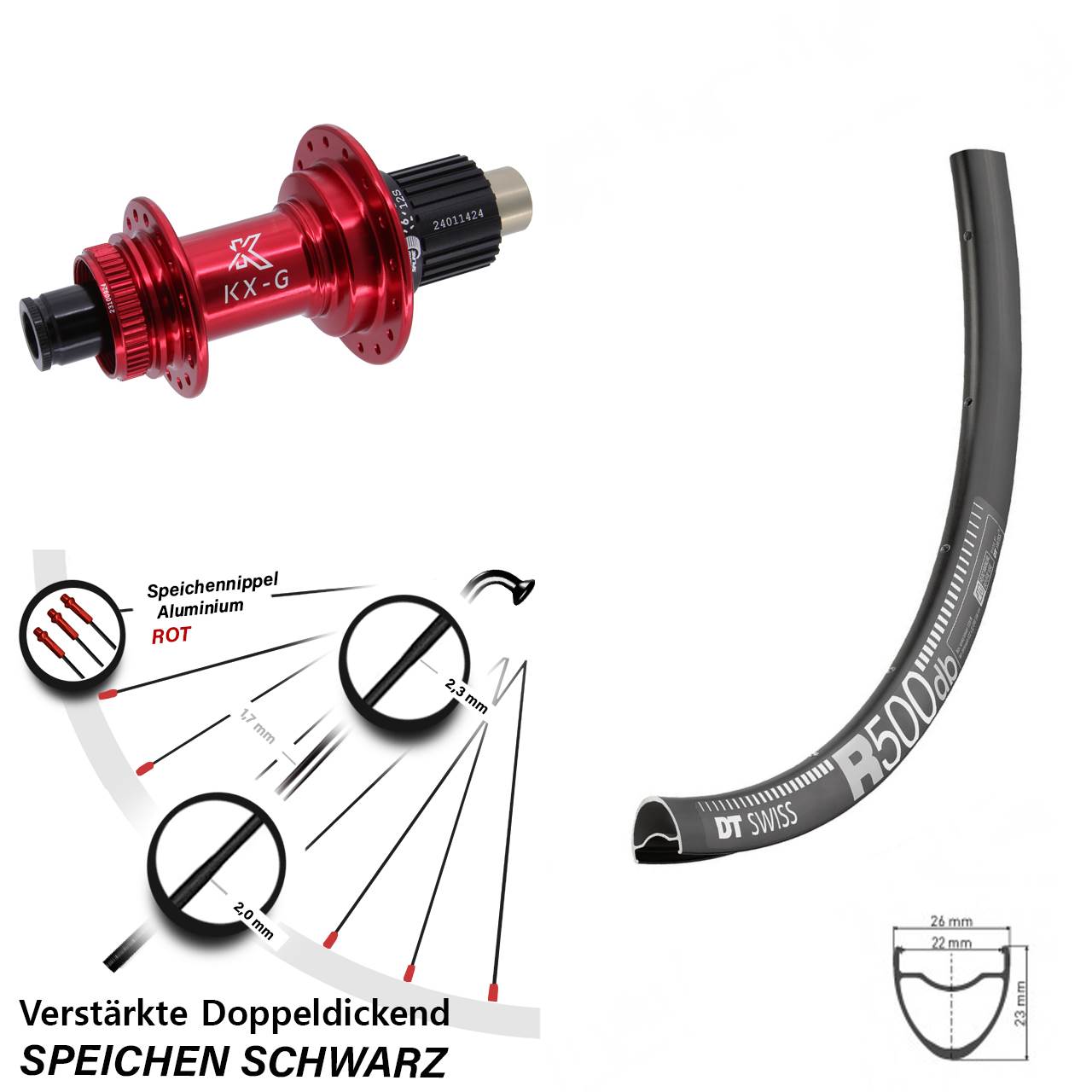 28 Zoll DT Swiss R500 KX-G rot Centerlock Hinterrad 12x142 Micro Spline